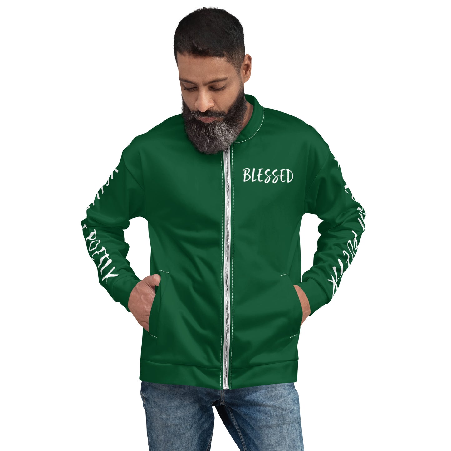 BLESSED BY XCLUSIF POETIX FOREST GREEN & WHITE Unisex Bomber Jacket