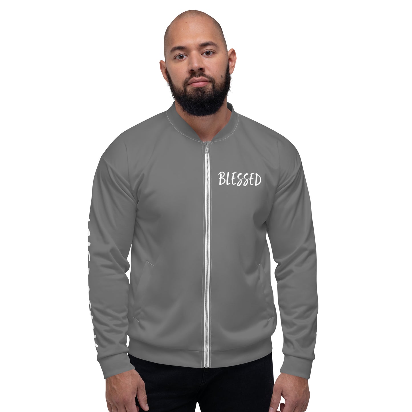 BLESSED BY XCLUSIF POETIX GREY & WHITE Unisex Bomber Jacket