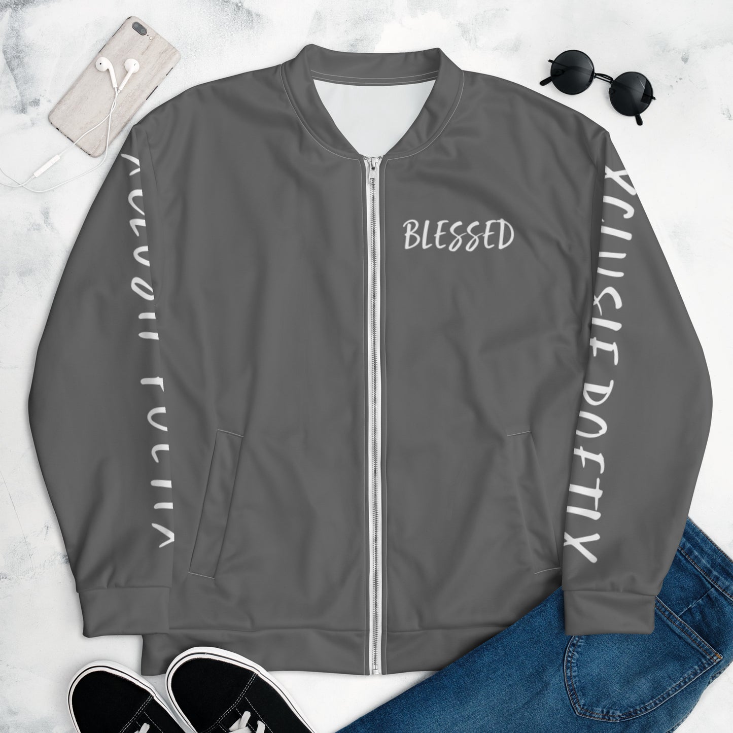 BLESSED BY XCLUSIF POETIX GREY & WHITE Unisex Bomber Jacket