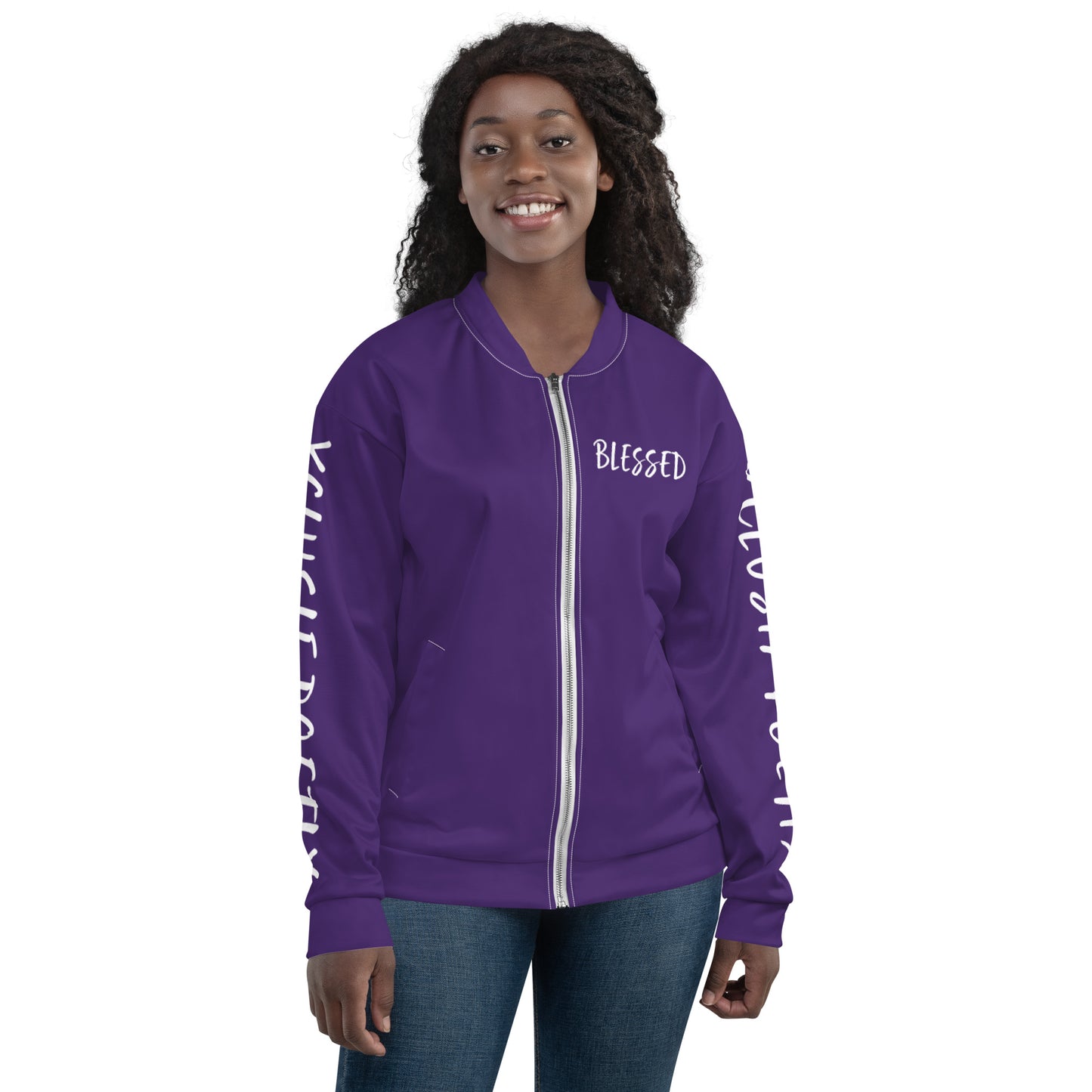 BLESSED BY XCLUSIF POETIX PURPLE & WHITE Unisex Bomber Jacket