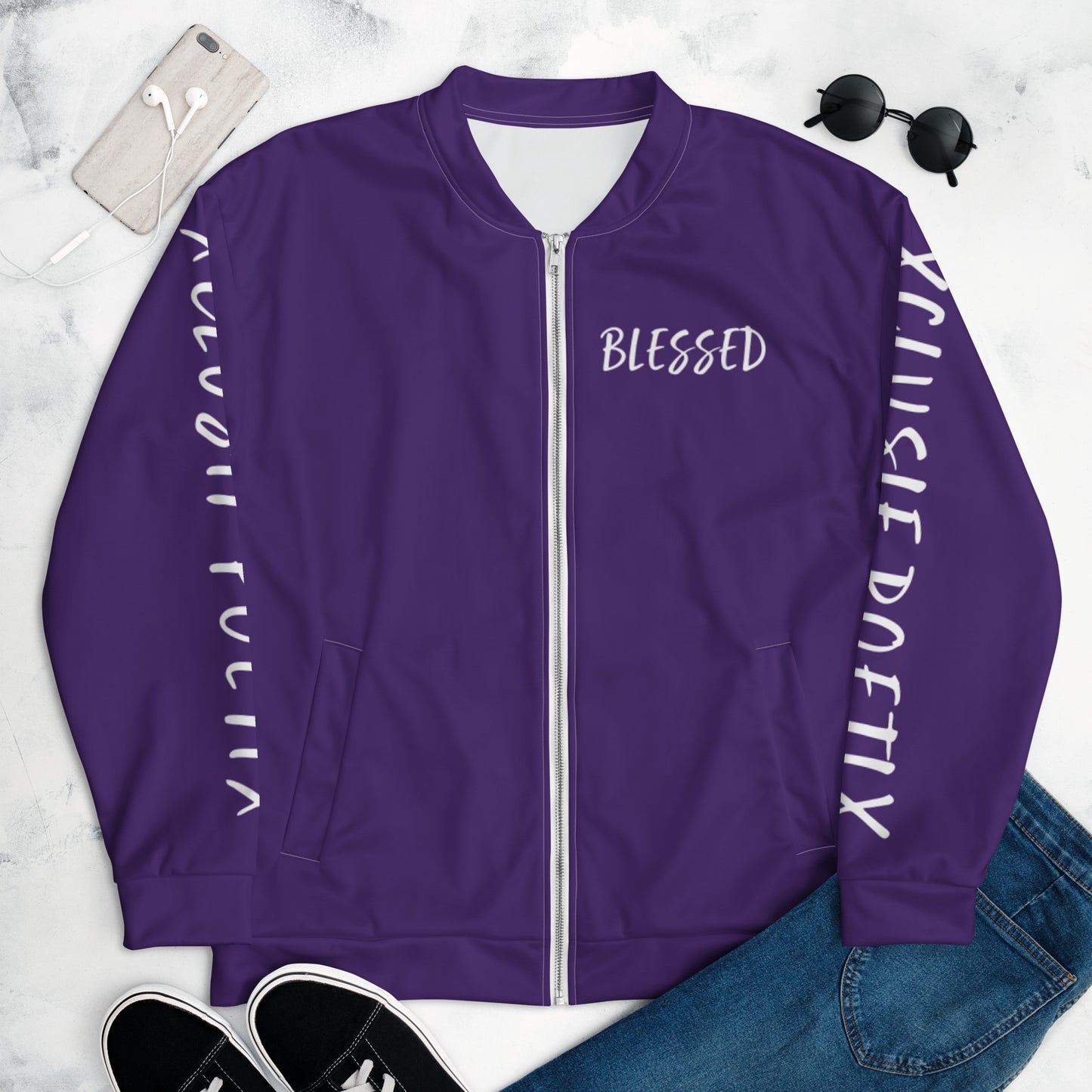 BLESSED BY XCLUSIF POETIX PURPLE & WHITE Unisex Bomber Jacket