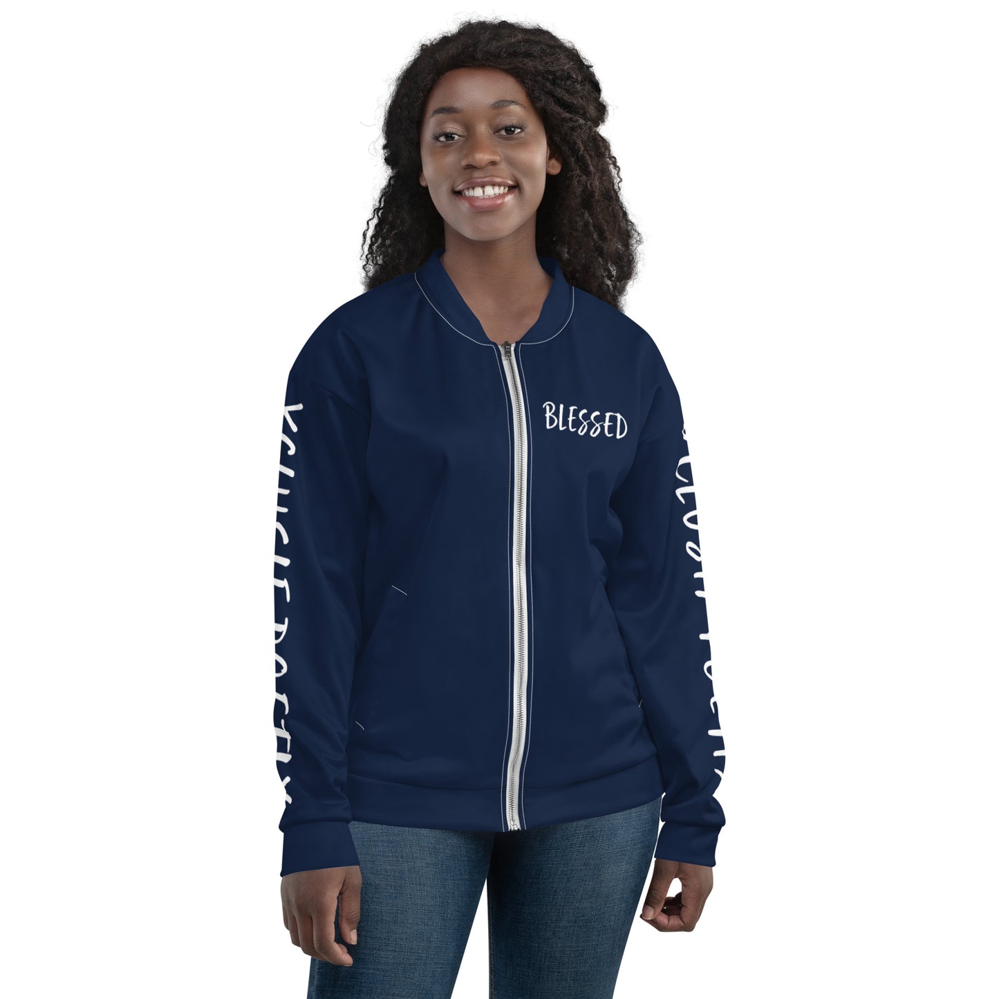 BLESSED BY XCLUSIF POETIX NAVY & WHITE Unisex Bomber Jacket