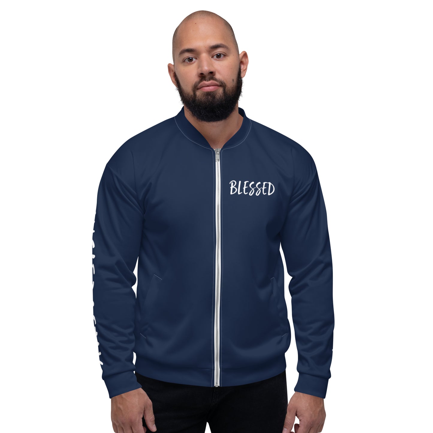 BLESSED BY XCLUSIF POETIX NAVY & WHITE Unisex Bomber Jacket