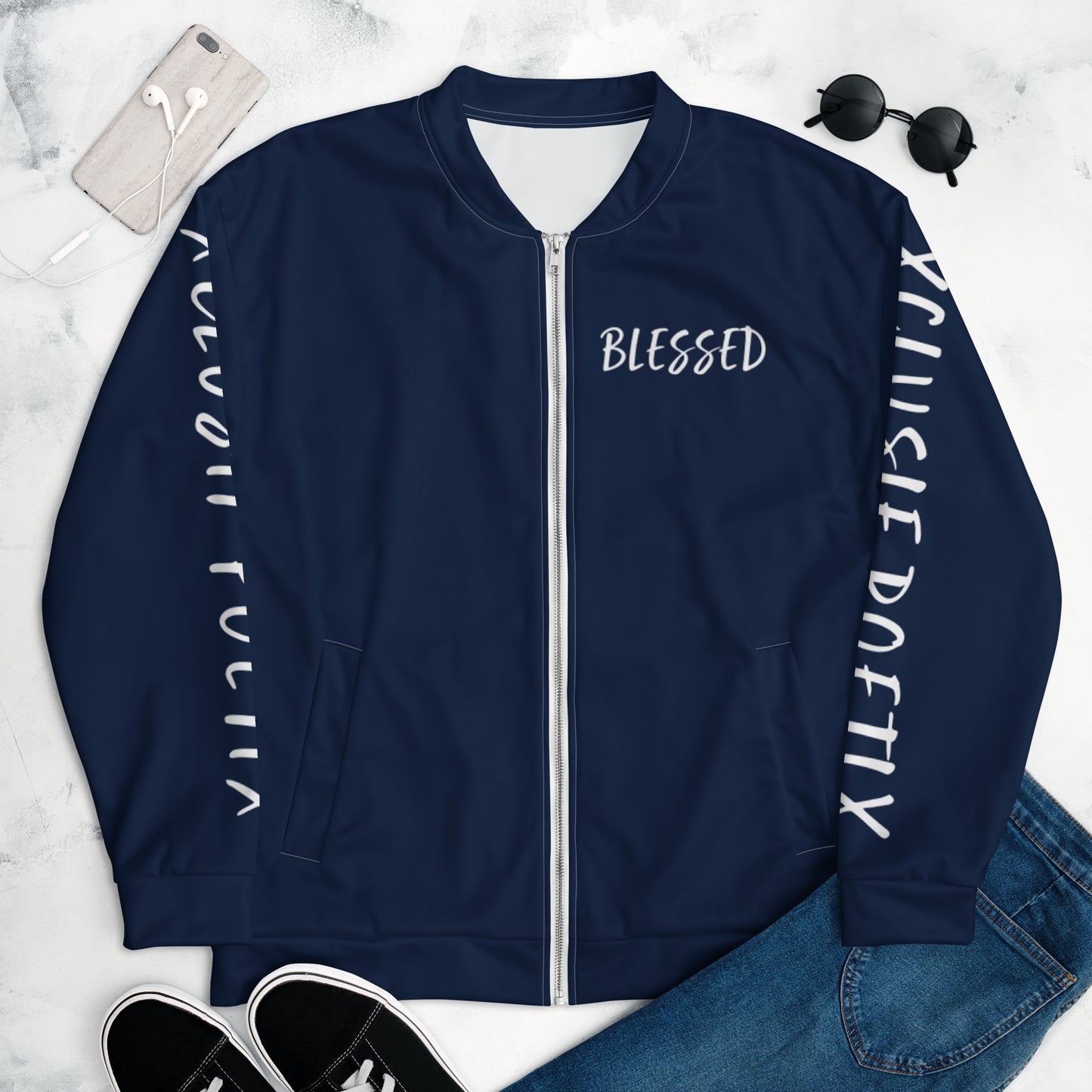 BLESSED BY XCLUSIF POETIX NAVY & WHITE Unisex Bomber Jacket