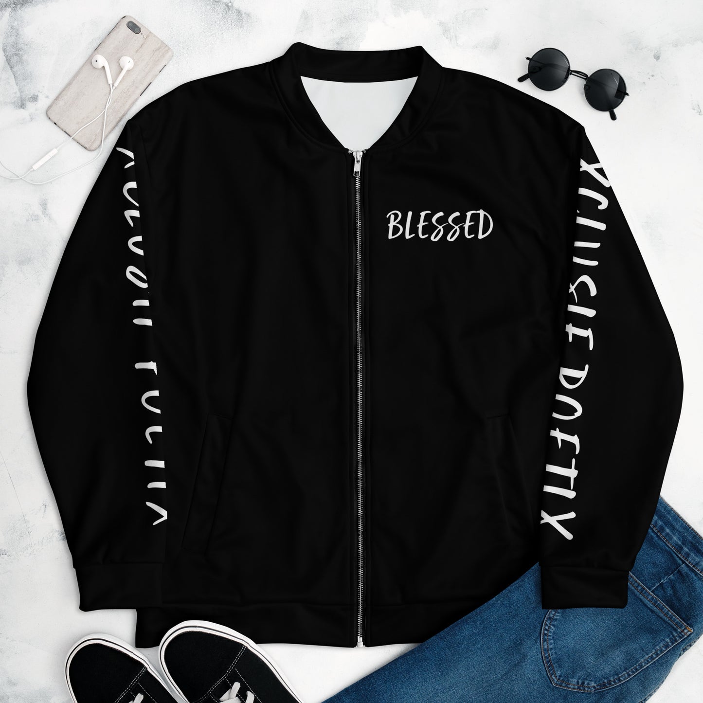 BLESSED BY XCLUSIF POETIX BLACK & WHITE Unisex Bomber Jacket