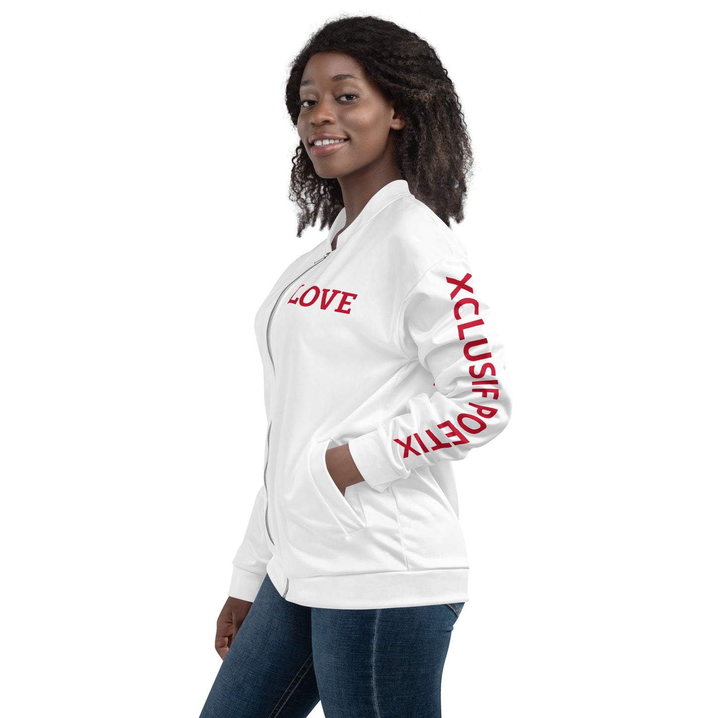 LOVE BY XCLUSIF POETIX WHITE & RED Unisex Bomber Jacket