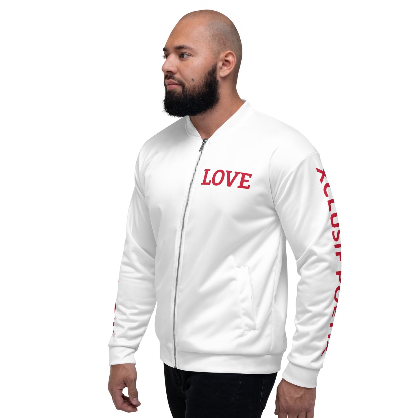 LOVE BY XCLUSIF POETIX WHITE & RED Unisex Bomber Jacket