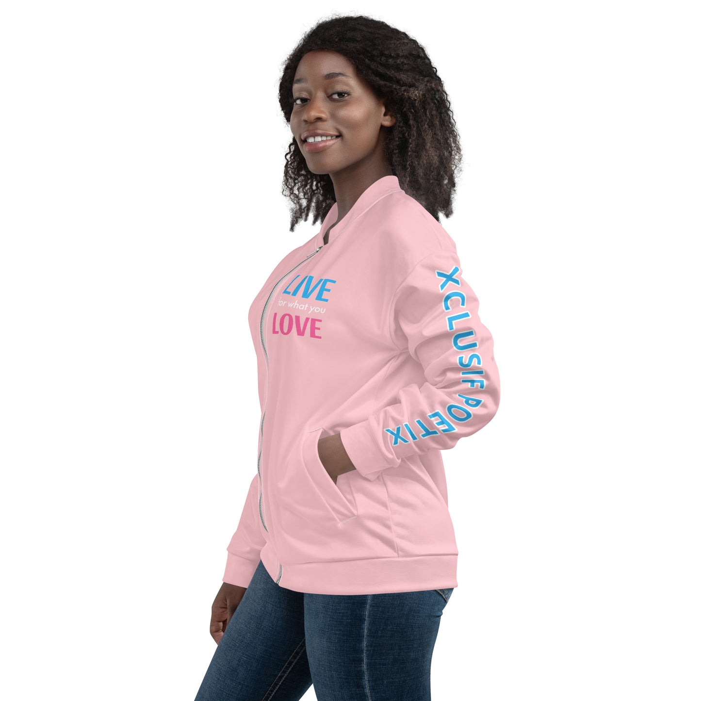 "LIVE FOR WHAT YOU LOVE" BY XCLUSIF POETIX PINK Unisex Bomber Jacket