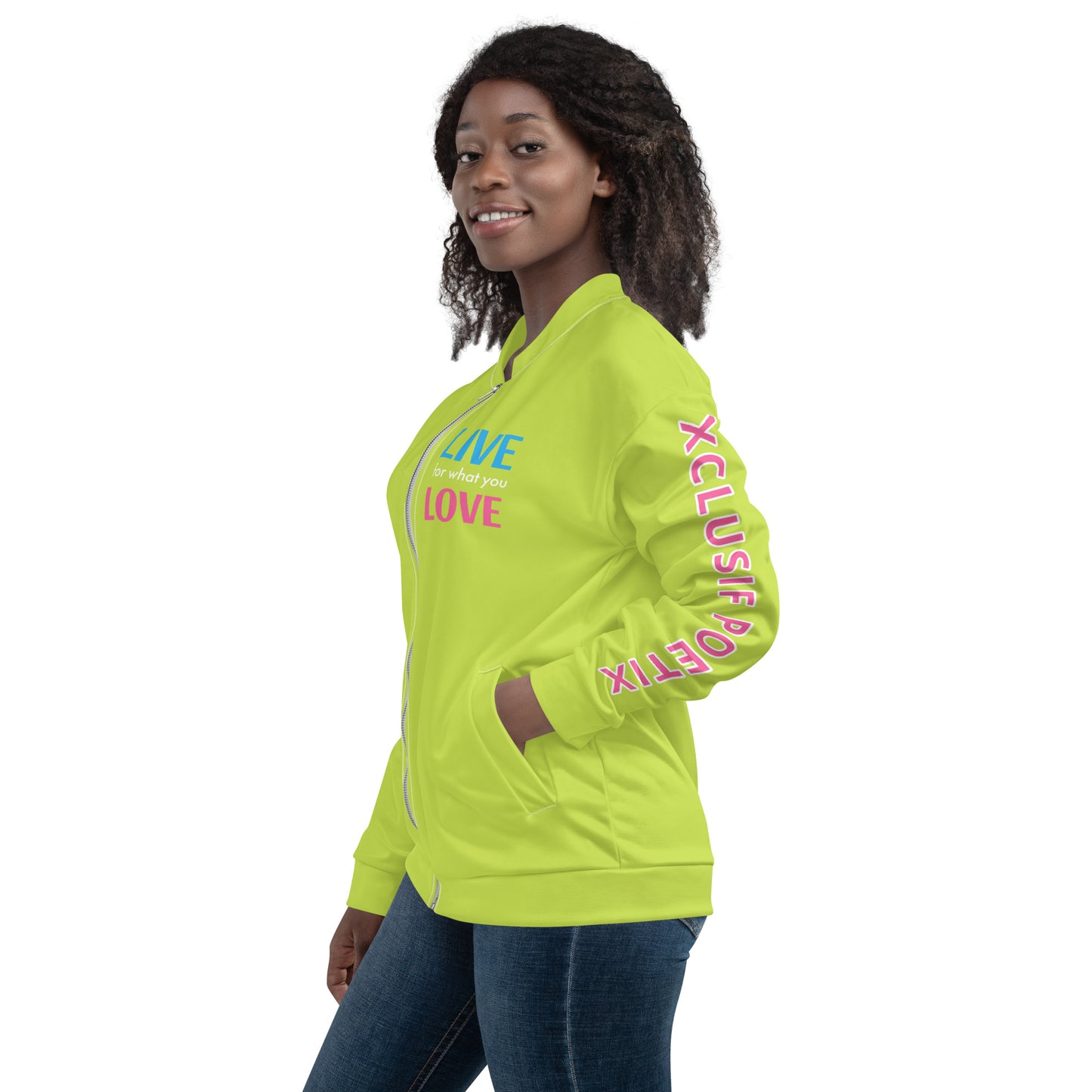 "LIVE FOR WHAT YOU LOVE" BY XCLUSIF POETIX LIGHT GREEN Unisex Bomber Jacket