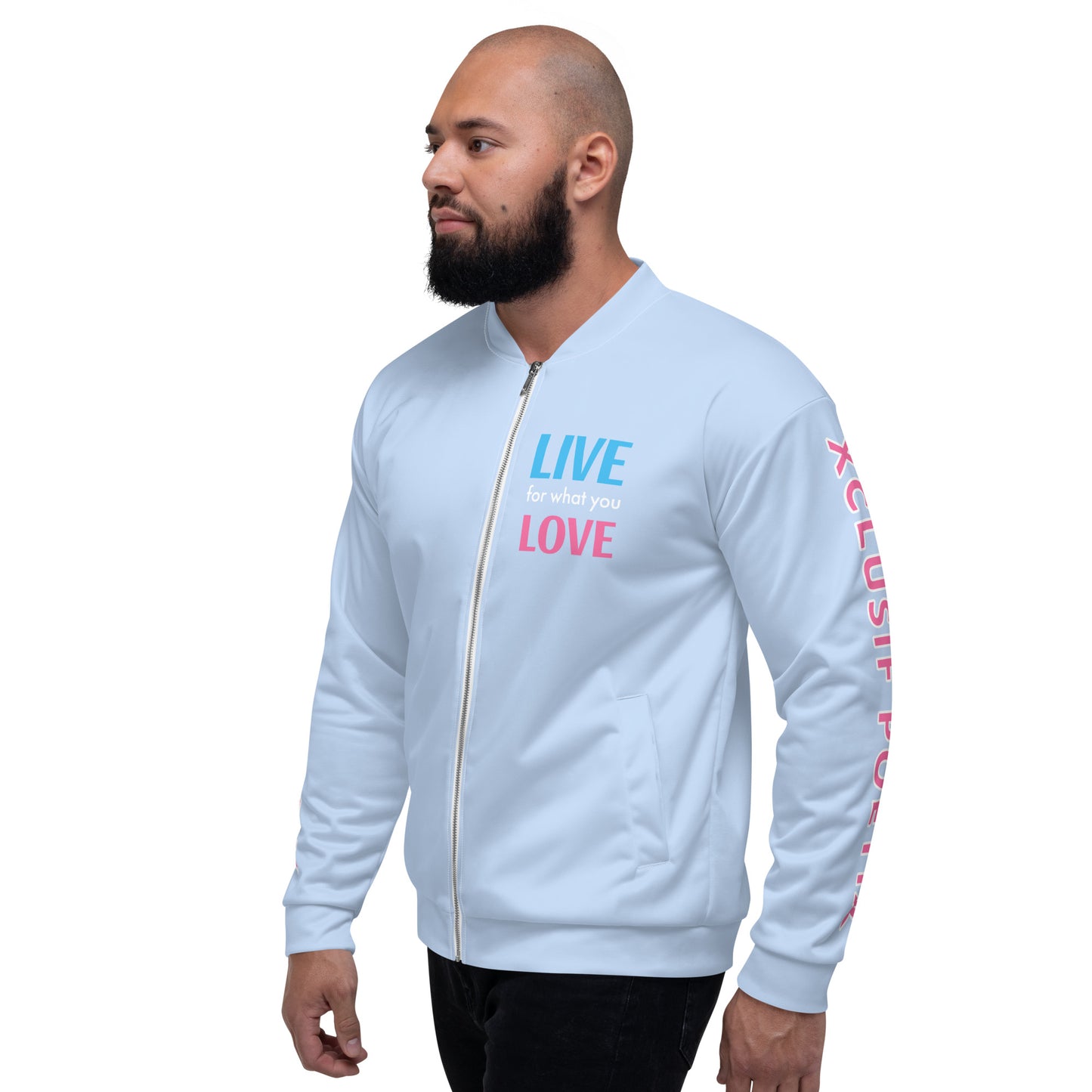 "LIVE FOR WHAT YOU LOVE" BY XCLUSIF POETIX LIGHT BLUE Unisex Bomber Jacket