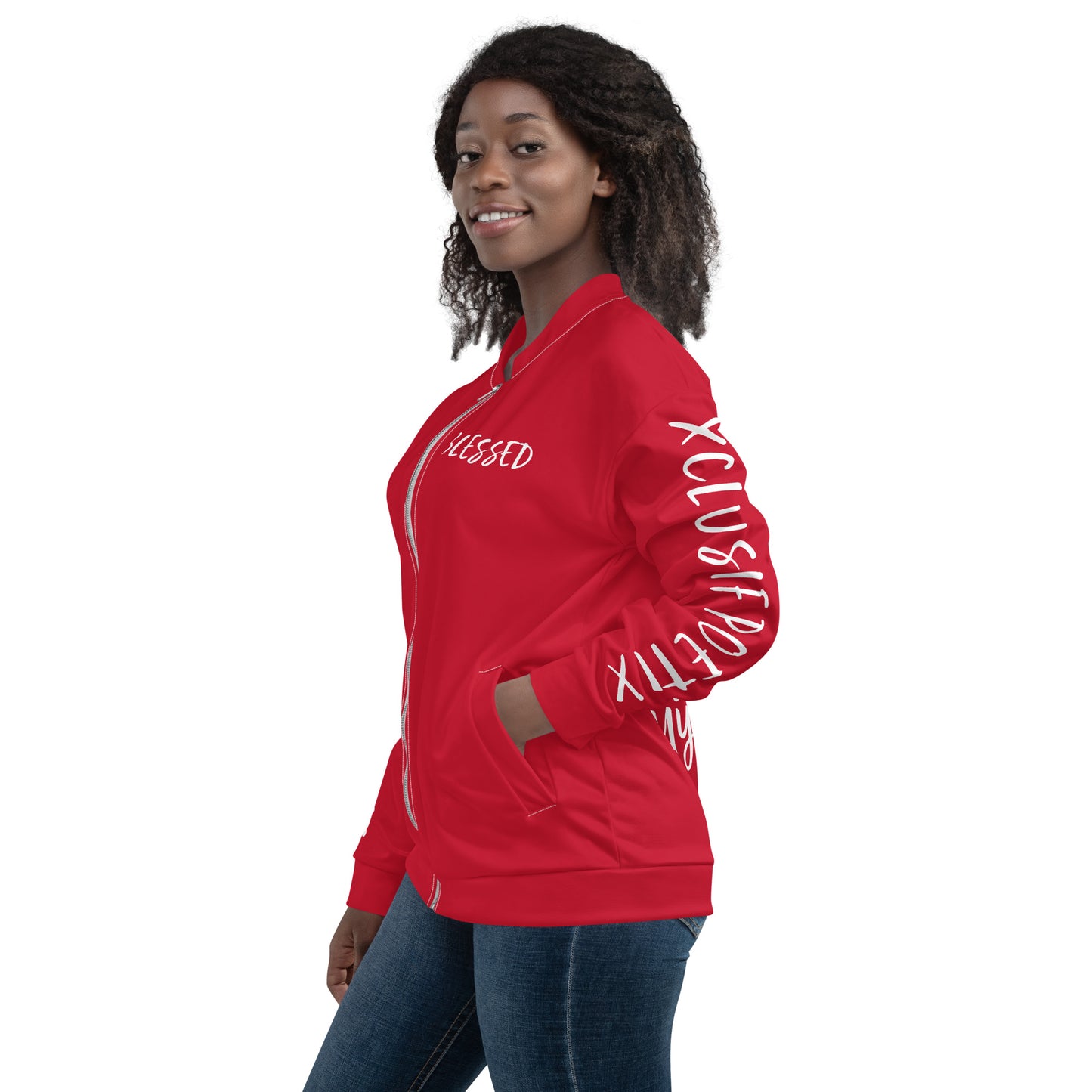 BLESSED BY XCLUSIF POETIX RED & WHITE Unisex Bomber Jacket