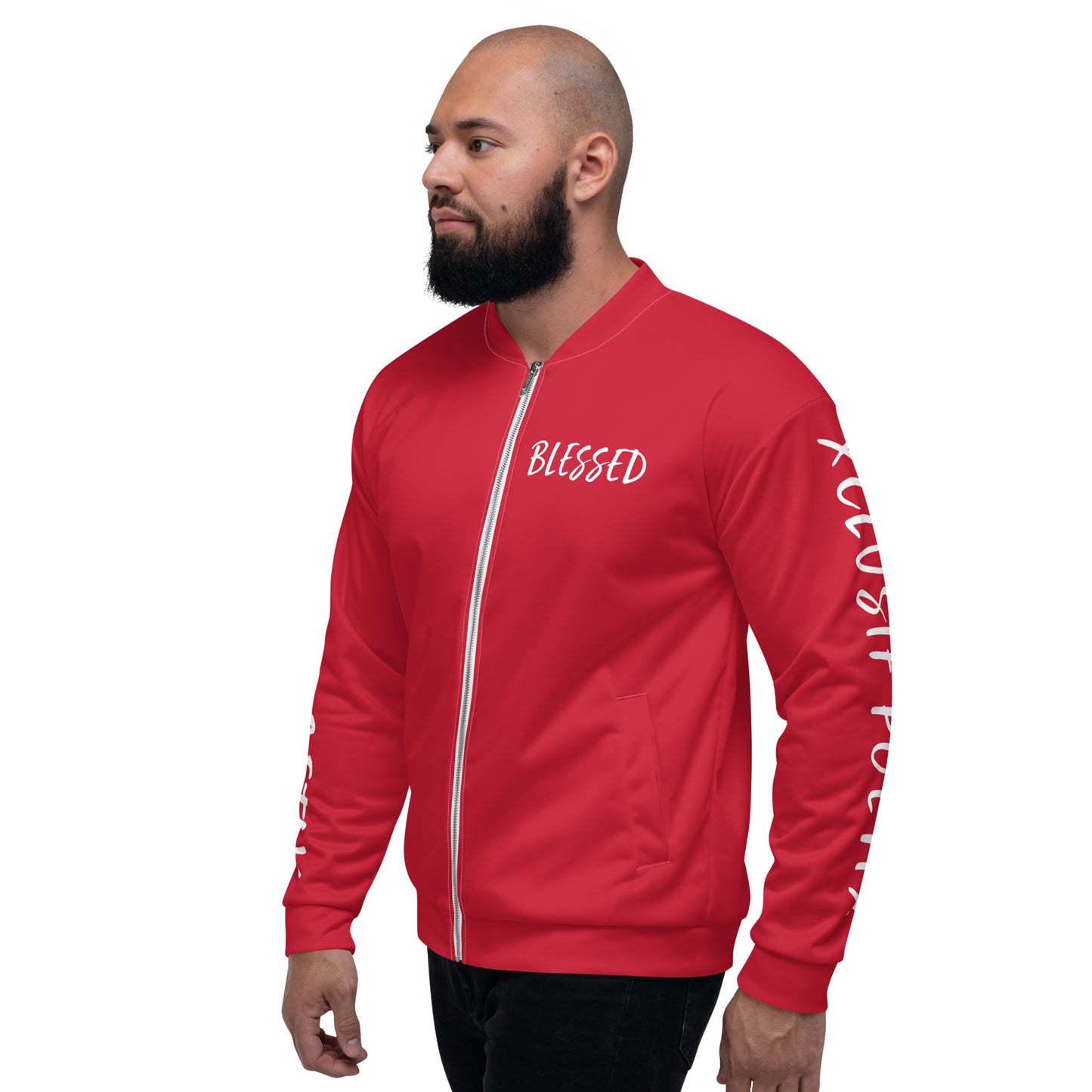 BLESSED BY XCLUSIF POETIX RED & WHITE Unisex Bomber Jacket