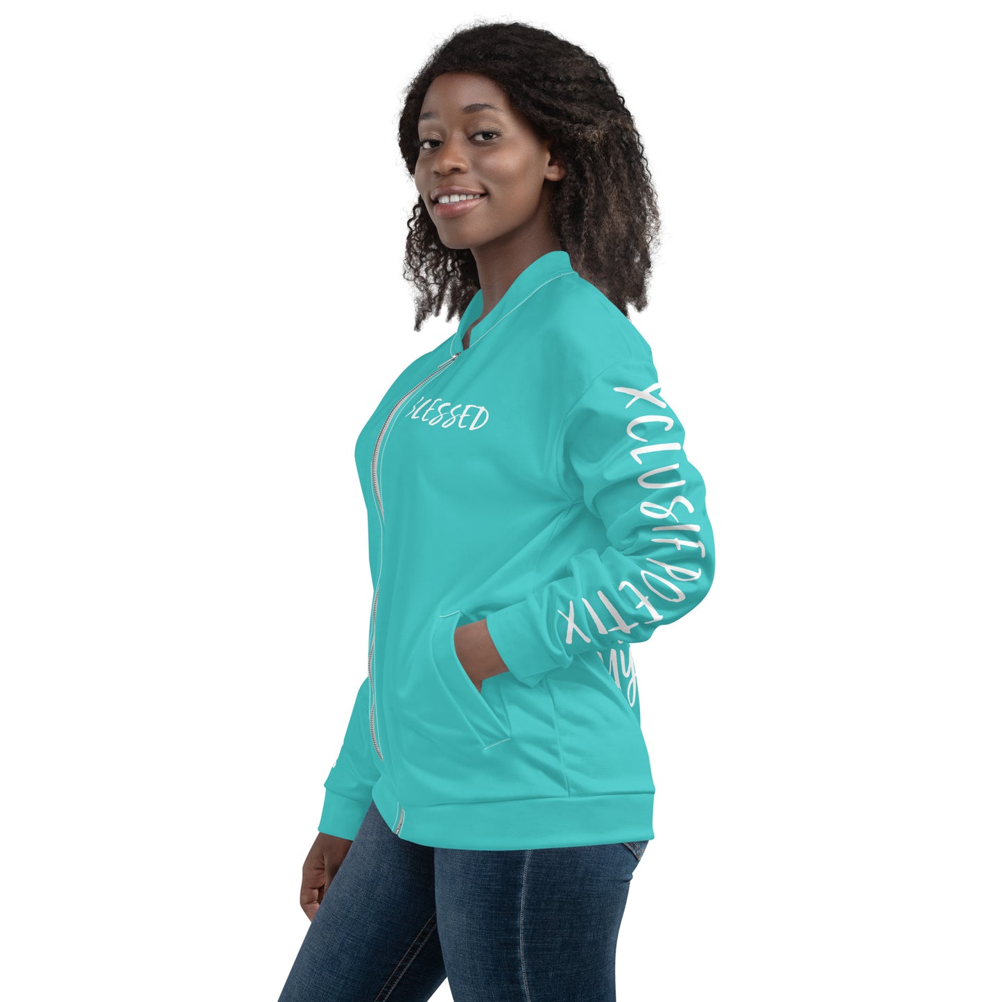 BLESSED BY XCLUSIF POETIX TURQUOISE & WHITE Unisex Bomber Jacket