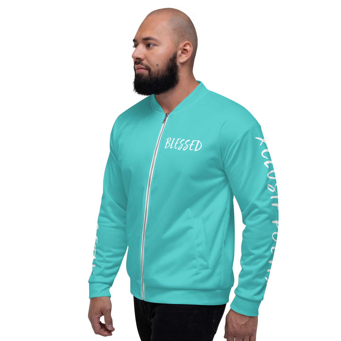 BLESSED BY XCLUSIF POETIX TURQUOISE & WHITE Unisex Bomber Jacket