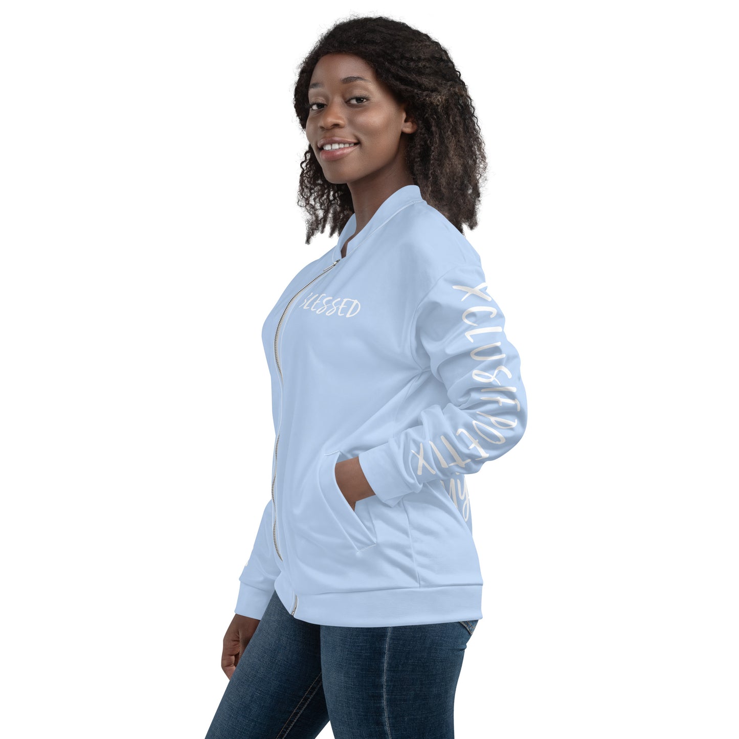 BLESSED BY XCLUSIF POETIX LIGHT BLUE & WHITE Unisex Bomber Jacket