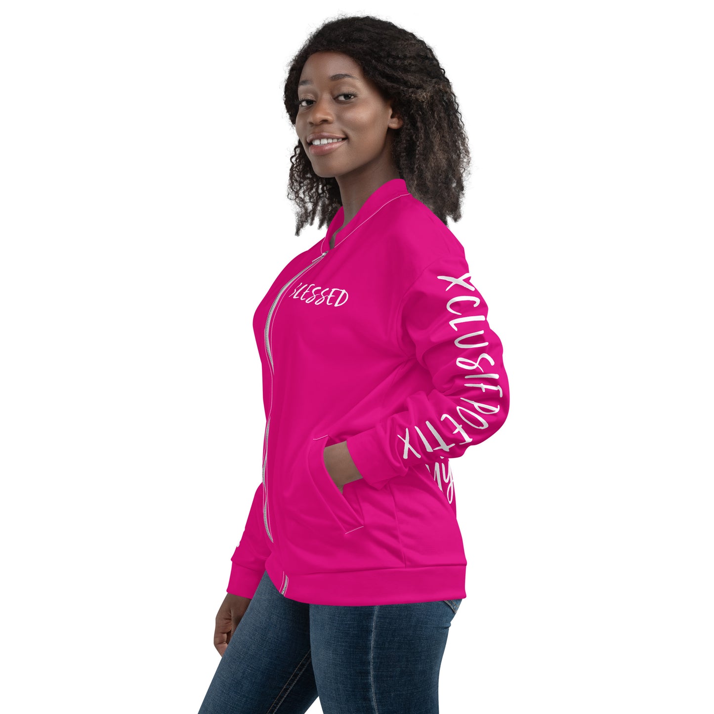 BLESSED BY XCLUSIF POETIX HOT PINK & WHITE Unisex Bomber Jacket