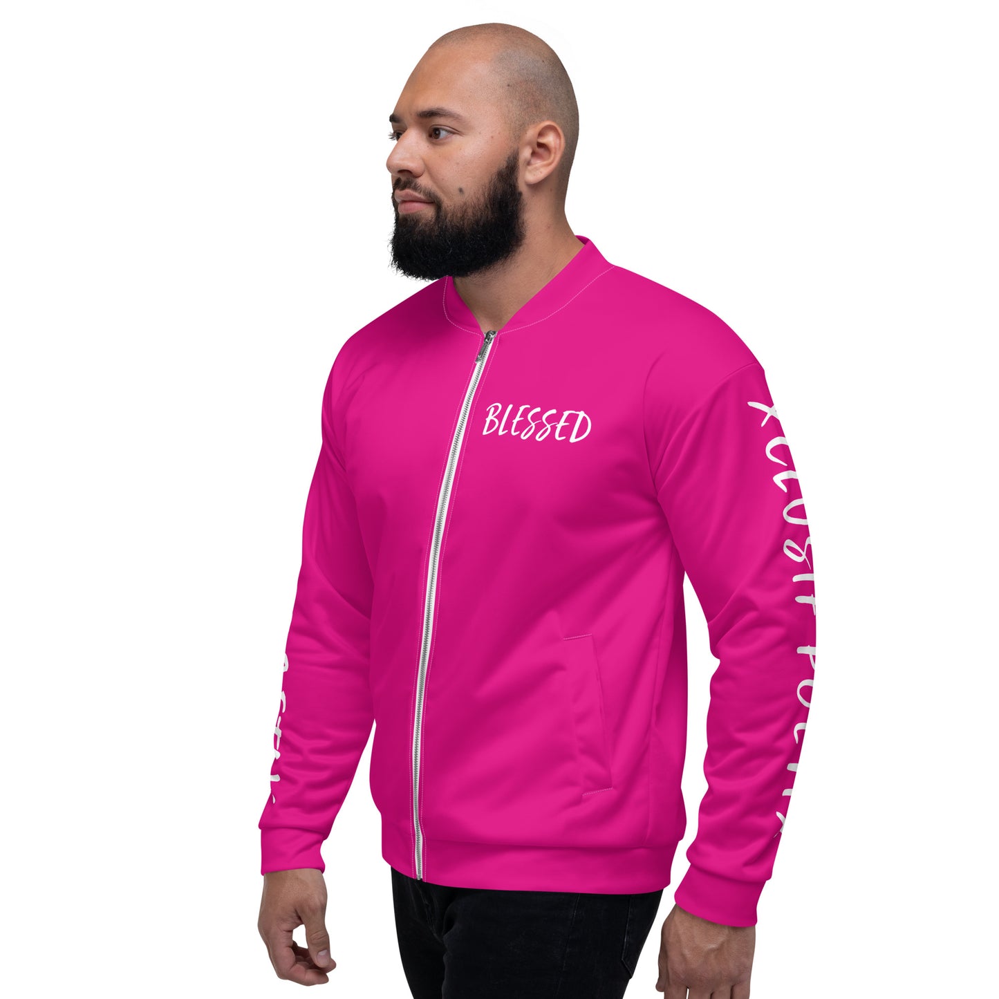 BLESSED BY XCLUSIF POETIX HOT PINK & WHITE Unisex Bomber Jacket