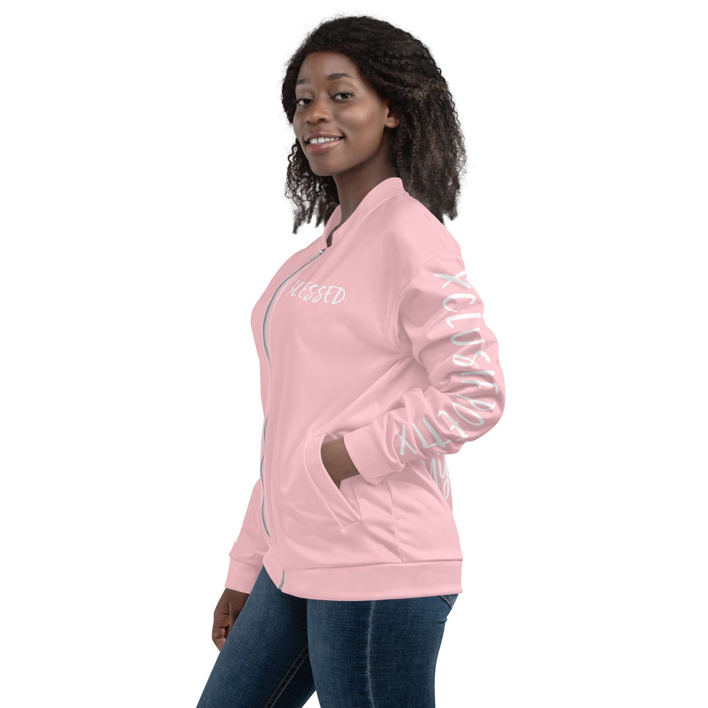 BLESSED BY XCLUSIF POETIX PINK & WHITE Unisex Bomber Jacket