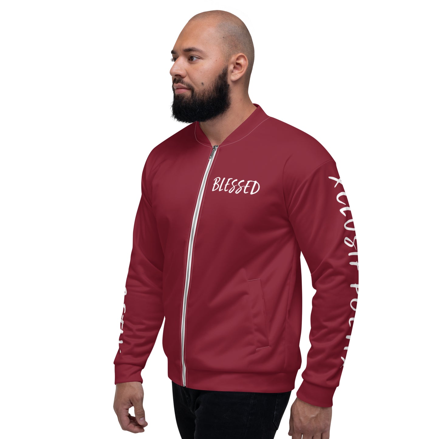 BLESSED BY XCLUSIF POETIX BURGUNDY & WHITE Unisex Bomber Jacket