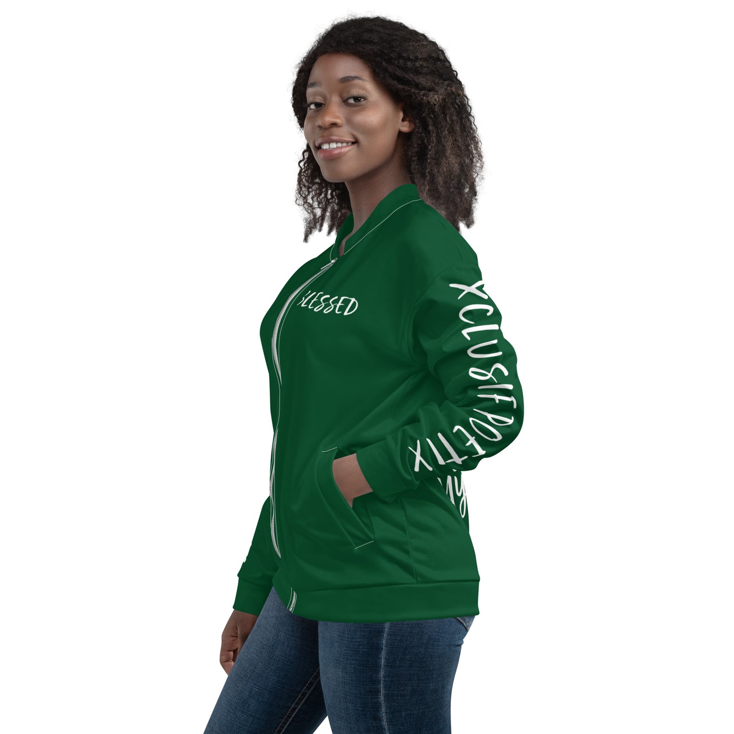 BLESSED BY XCLUSIF POETIX FOREST GREEN & WHITE Unisex Bomber Jacket