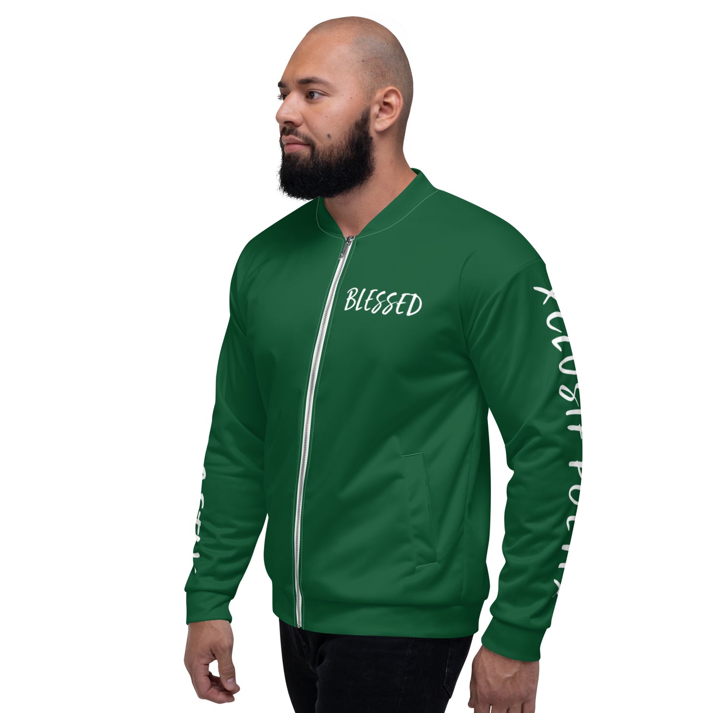 BLESSED BY XCLUSIF POETIX FOREST GREEN & WHITE Unisex Bomber Jacket