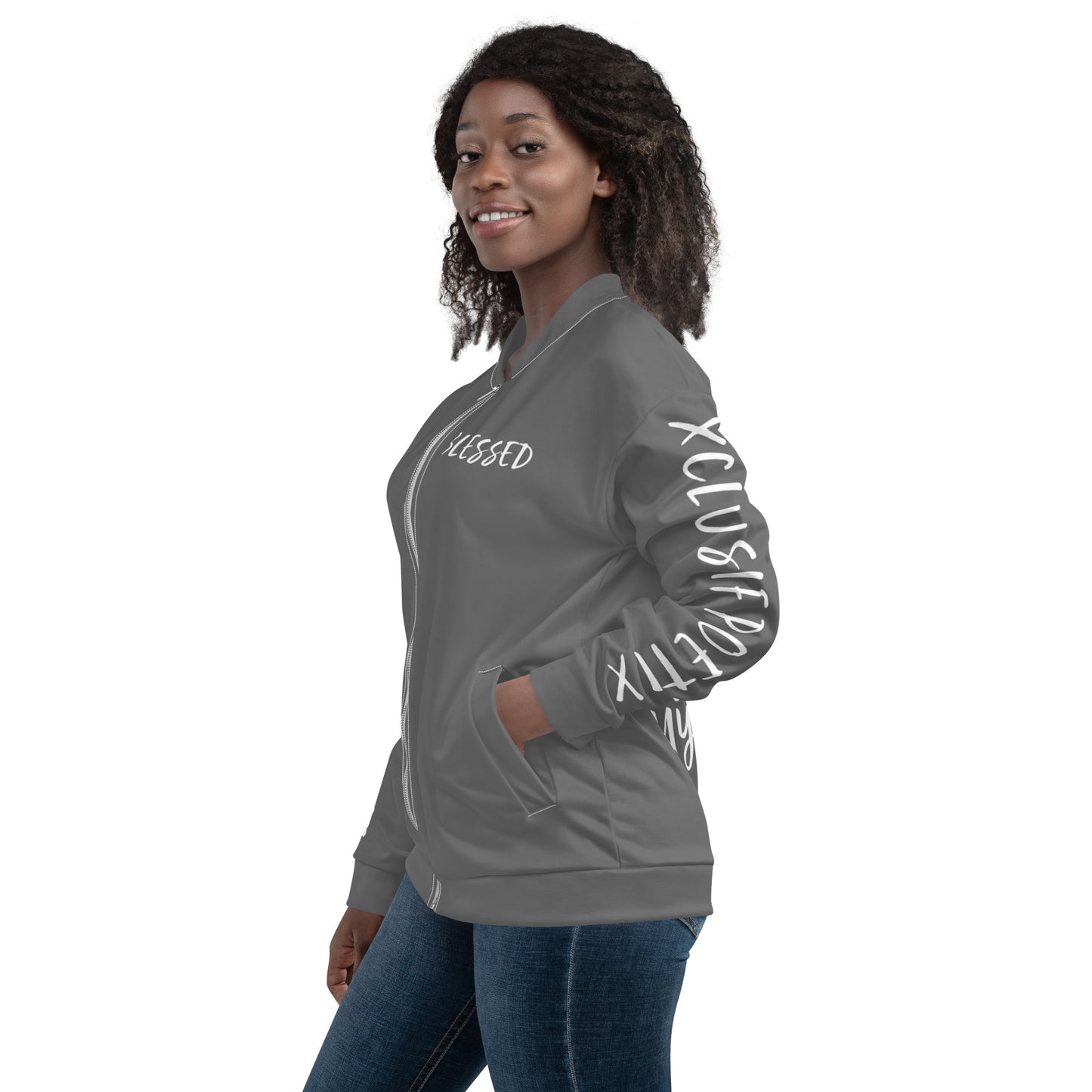 BLESSED BY XCLUSIF POETIX GREY & WHITE Unisex Bomber Jacket