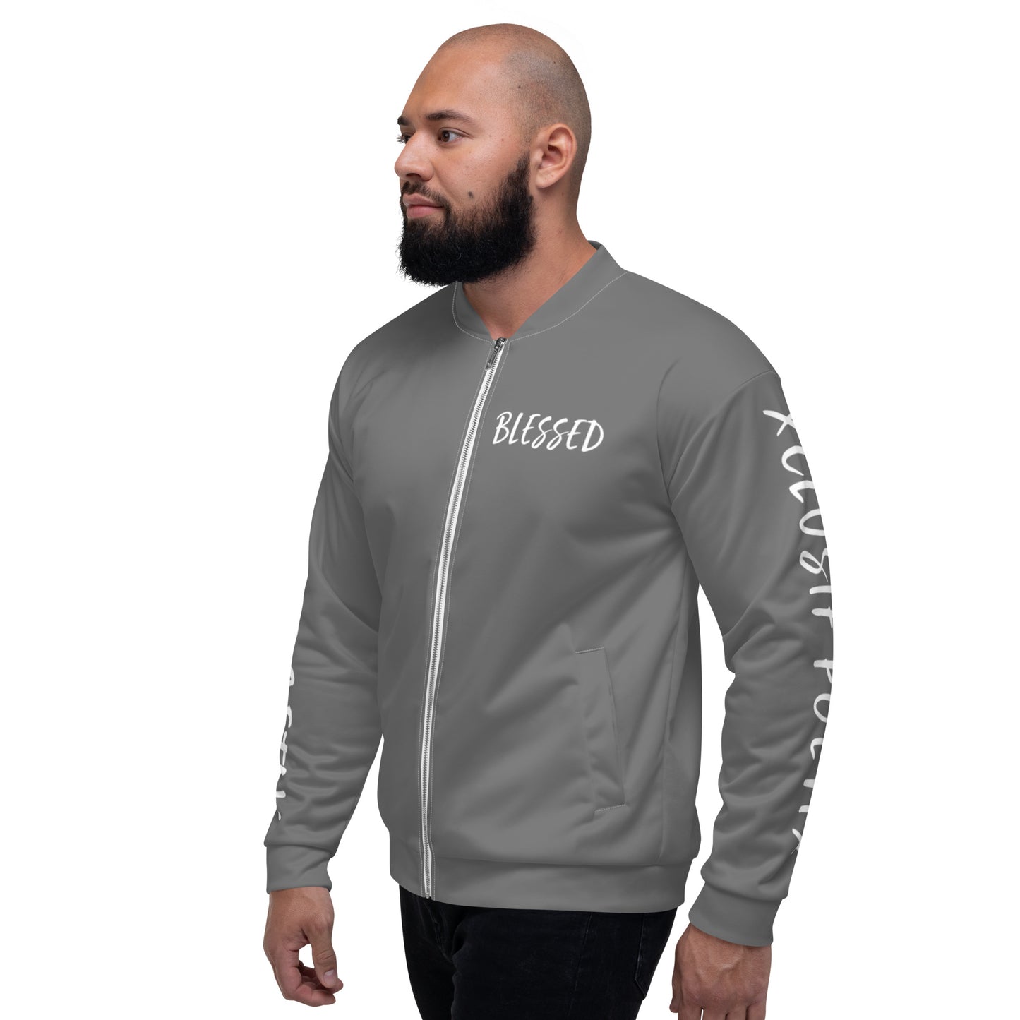 BLESSED BY XCLUSIF POETIX GREY & WHITE Unisex Bomber Jacket