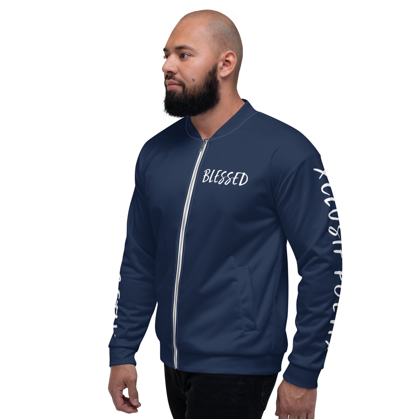 BLESSED BY XCLUSIF POETIX NAVY & WHITE Unisex Bomber Jacket