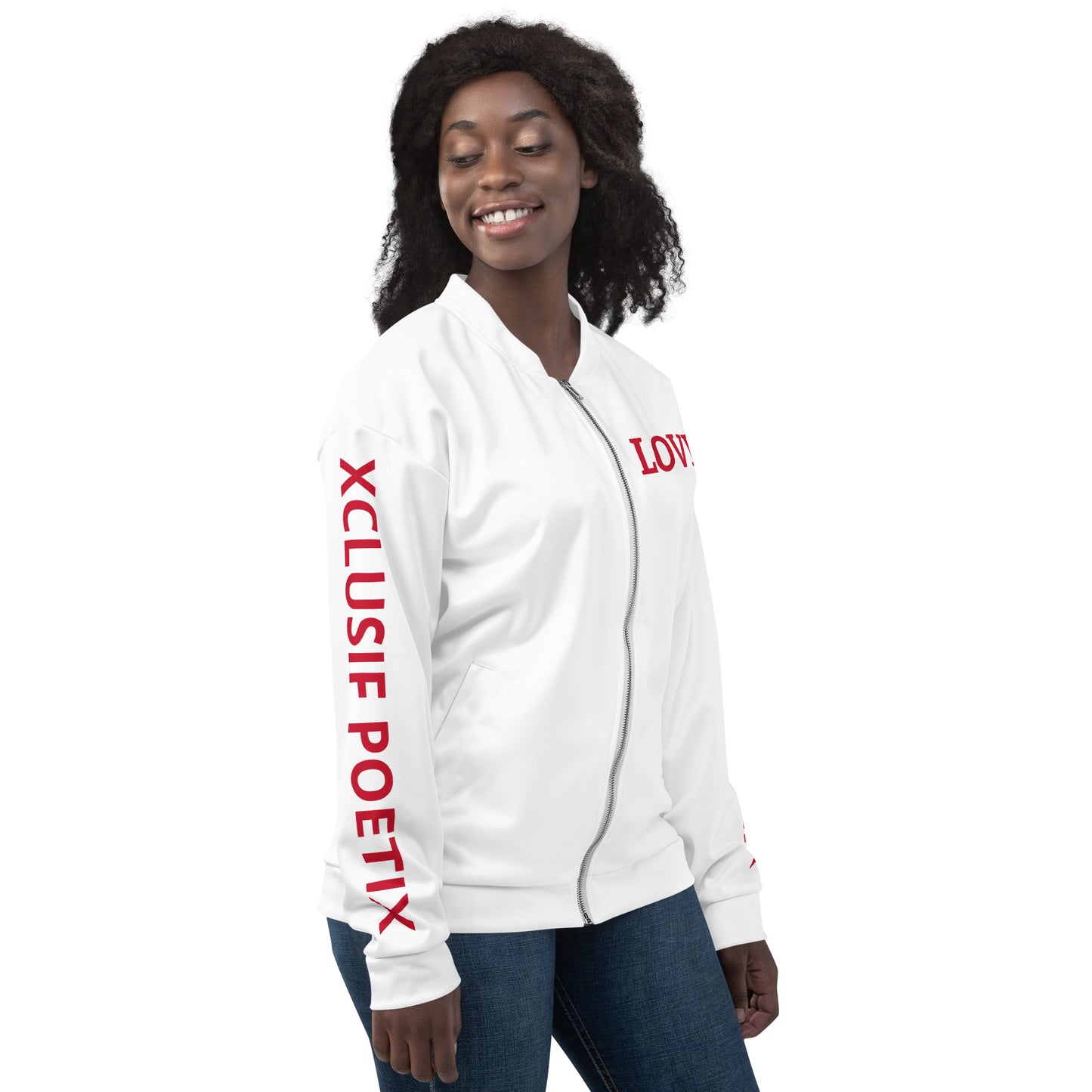 LOVE BY XCLUSIF POETIX WHITE & RED Unisex Bomber Jacket