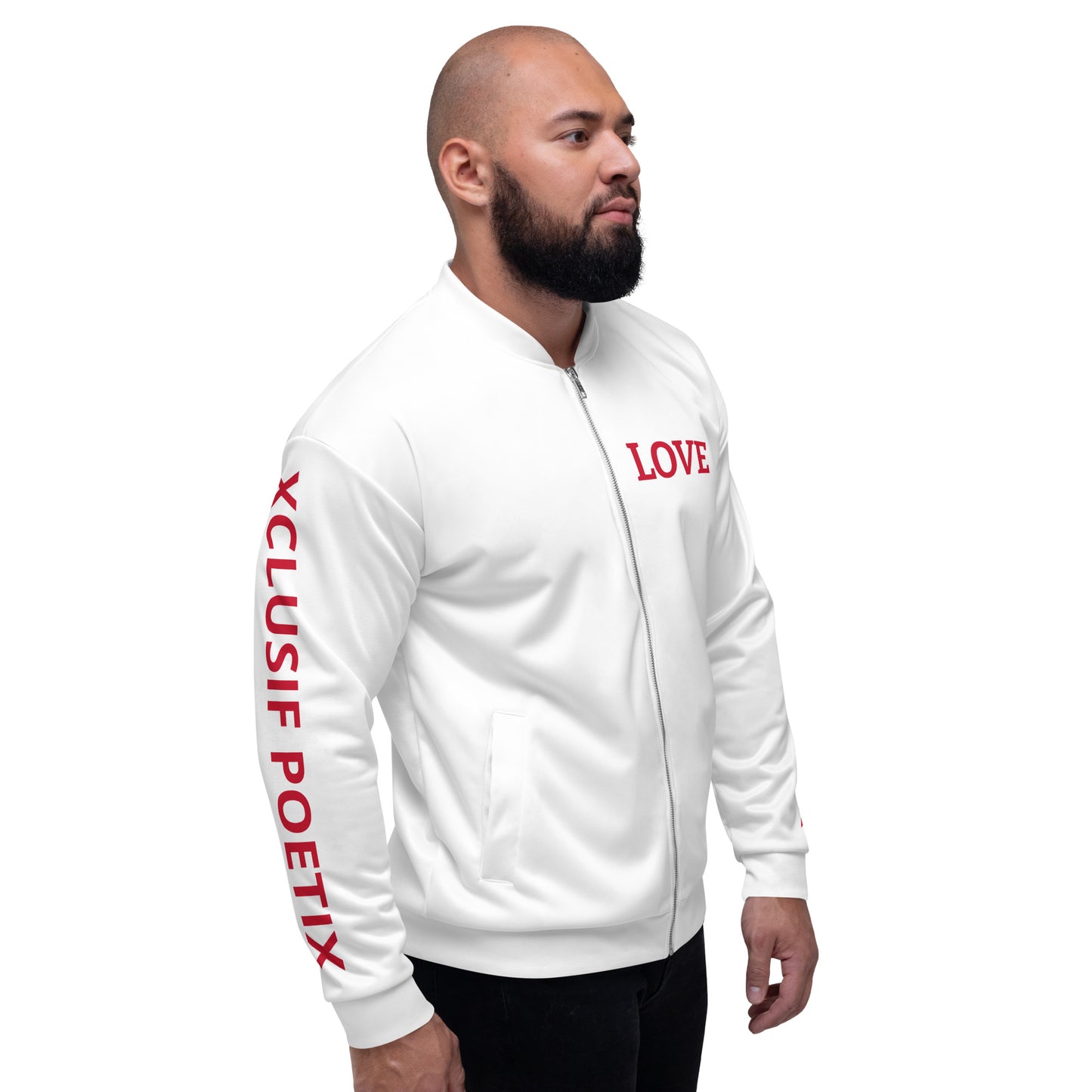 LOVE BY XCLUSIF POETIX WHITE & RED Unisex Bomber Jacket