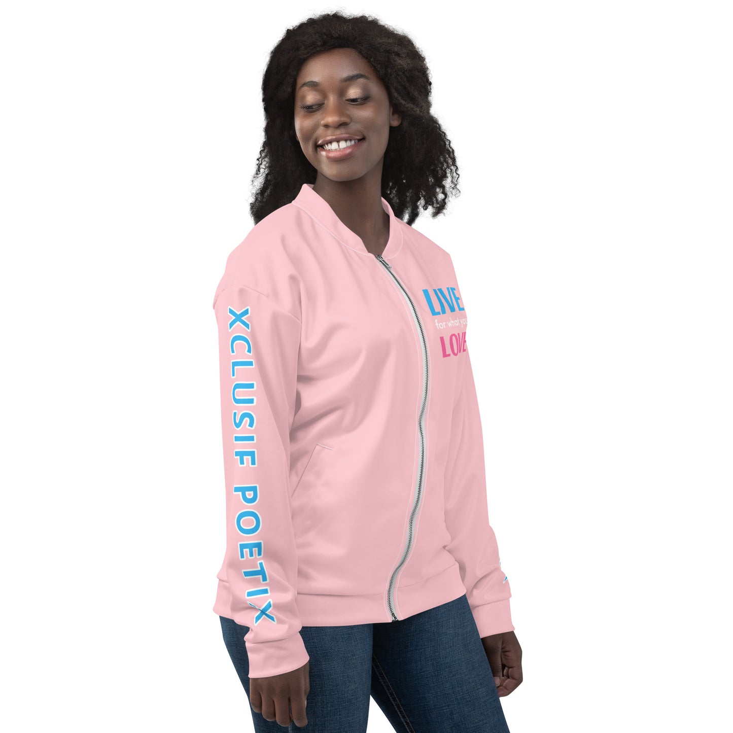 "LIVE FOR WHAT YOU LOVE" BY XCLUSIF POETIX PINK Unisex Bomber Jacket