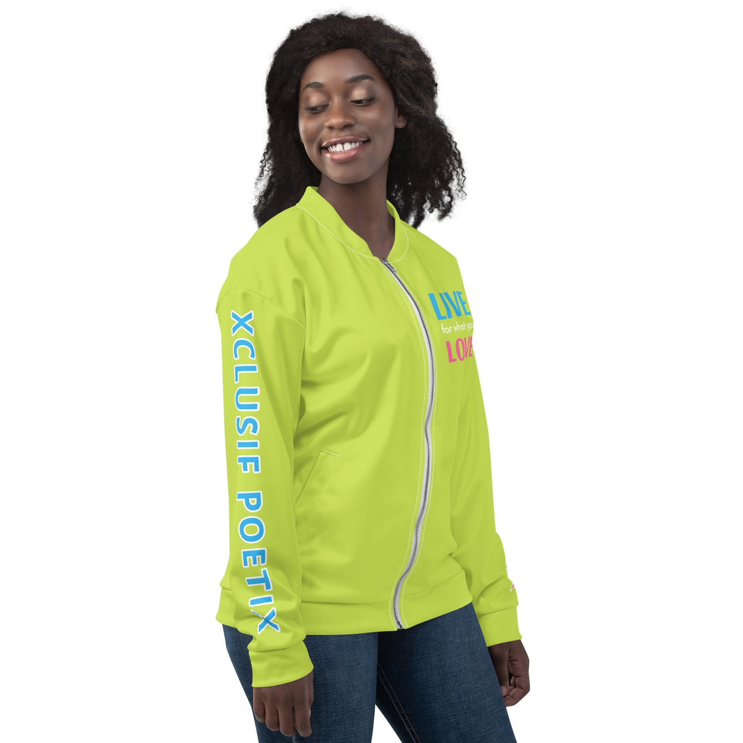 "LIVE FOR WHAT YOU LOVE" BY XCLUSIF POETIX LIGHT GREEN Unisex Bomber Jacket