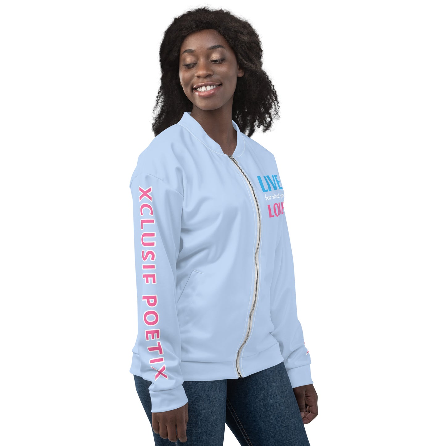 "LIVE FOR WHAT YOU LOVE" BY XCLUSIF POETIX LIGHT BLUE Unisex Bomber Jacket