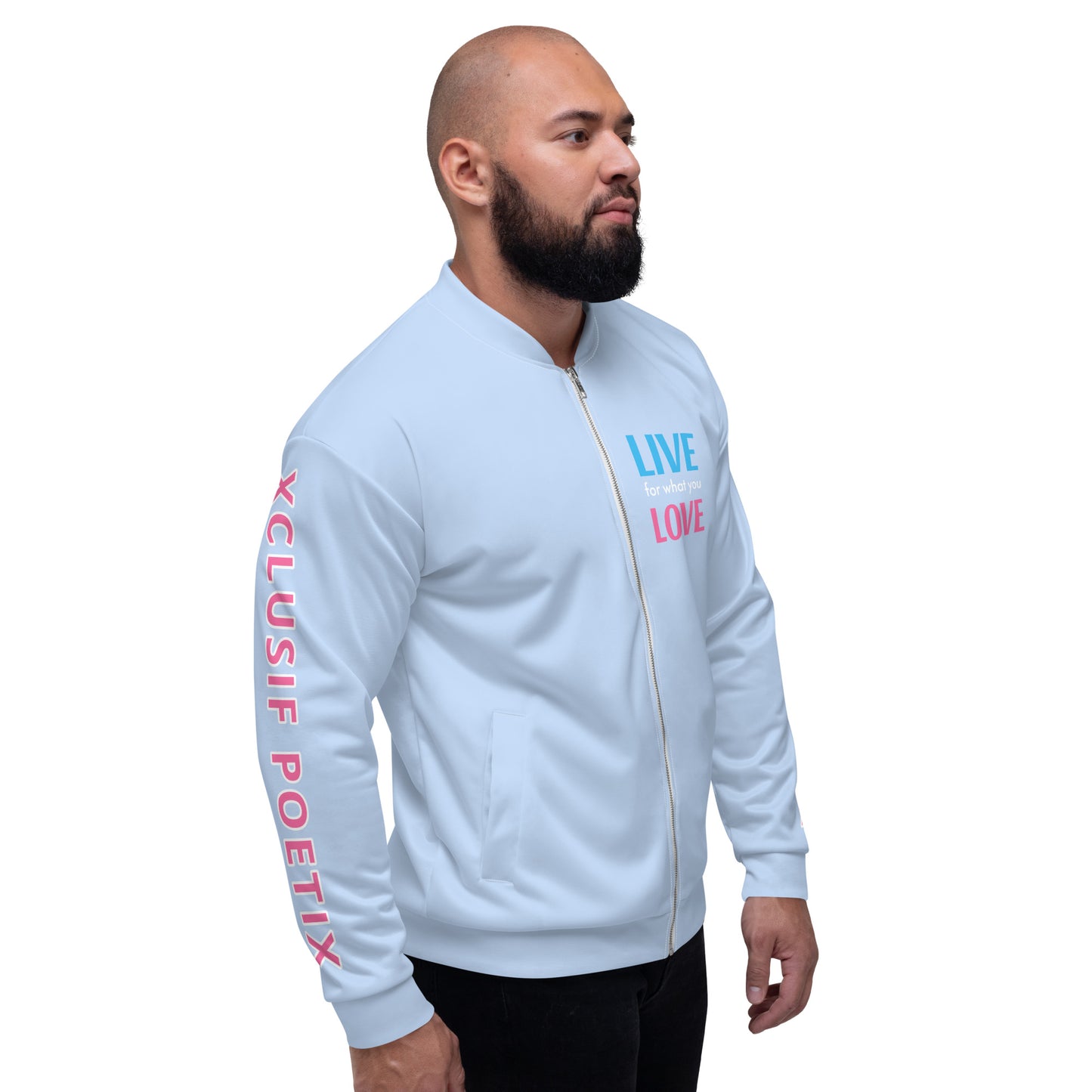 "LIVE FOR WHAT YOU LOVE" BY XCLUSIF POETIX LIGHT BLUE Unisex Bomber Jacket