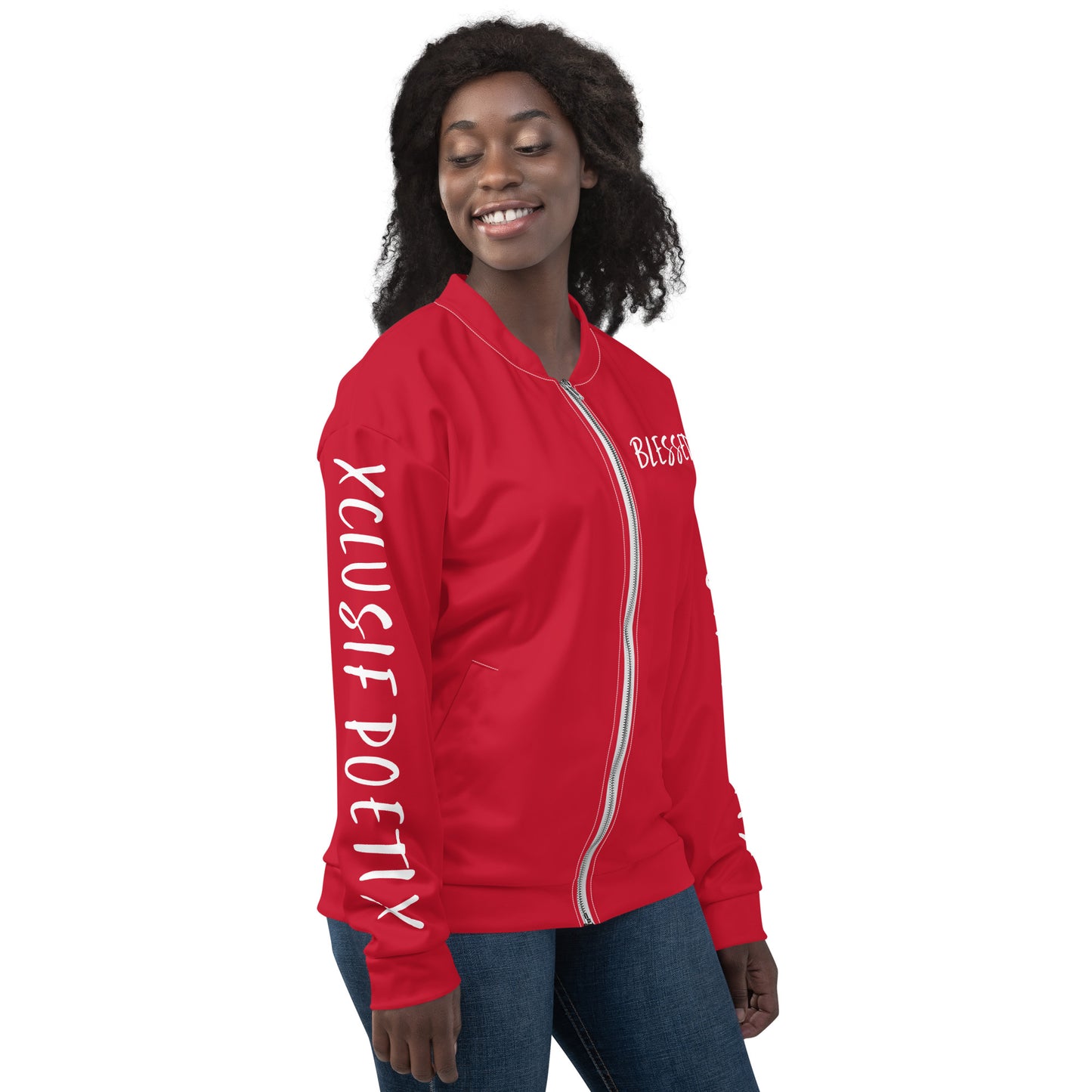 BLESSED BY XCLUSIF POETIX RED & WHITE Unisex Bomber Jacket