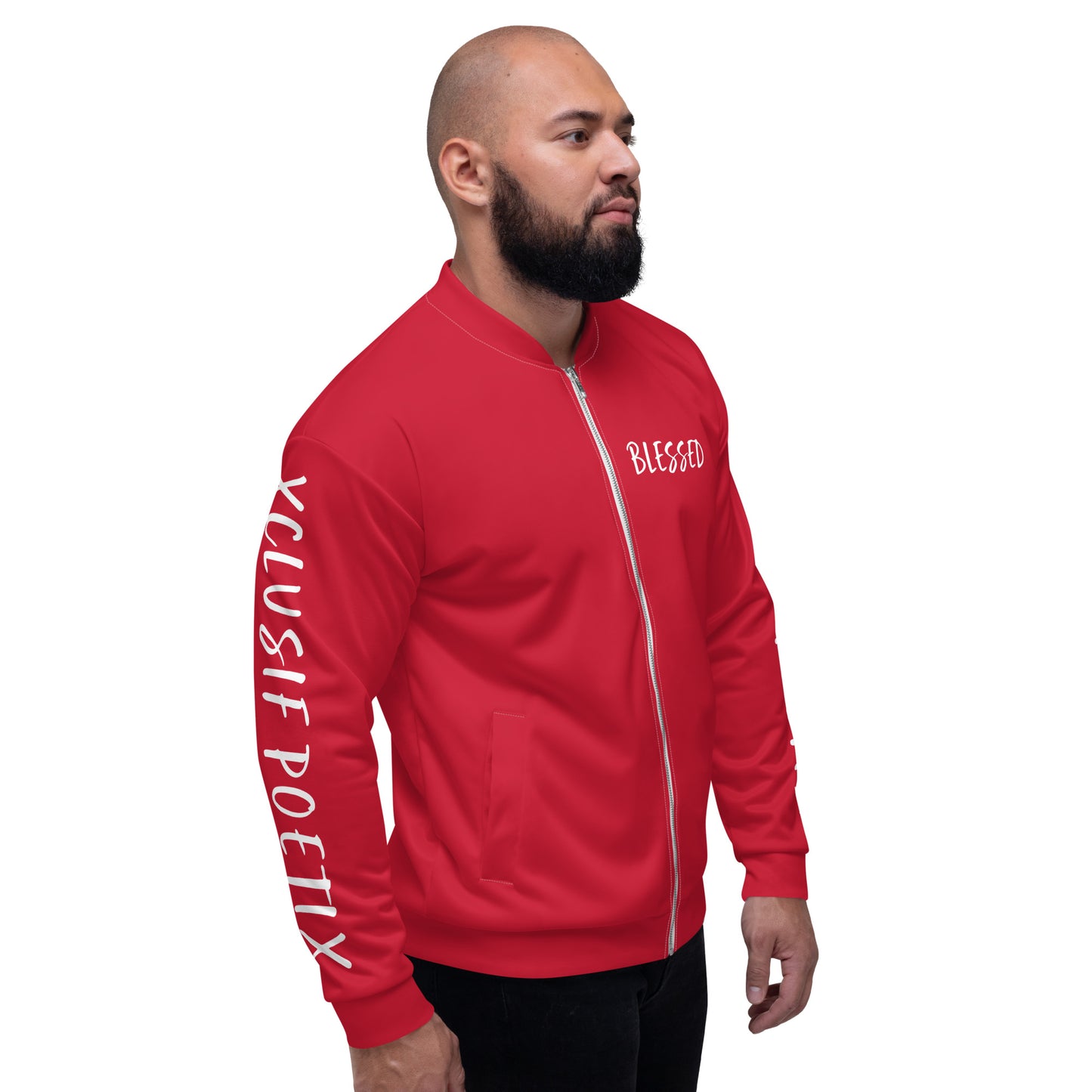 BLESSED BY XCLUSIF POETIX RED & WHITE Unisex Bomber Jacket