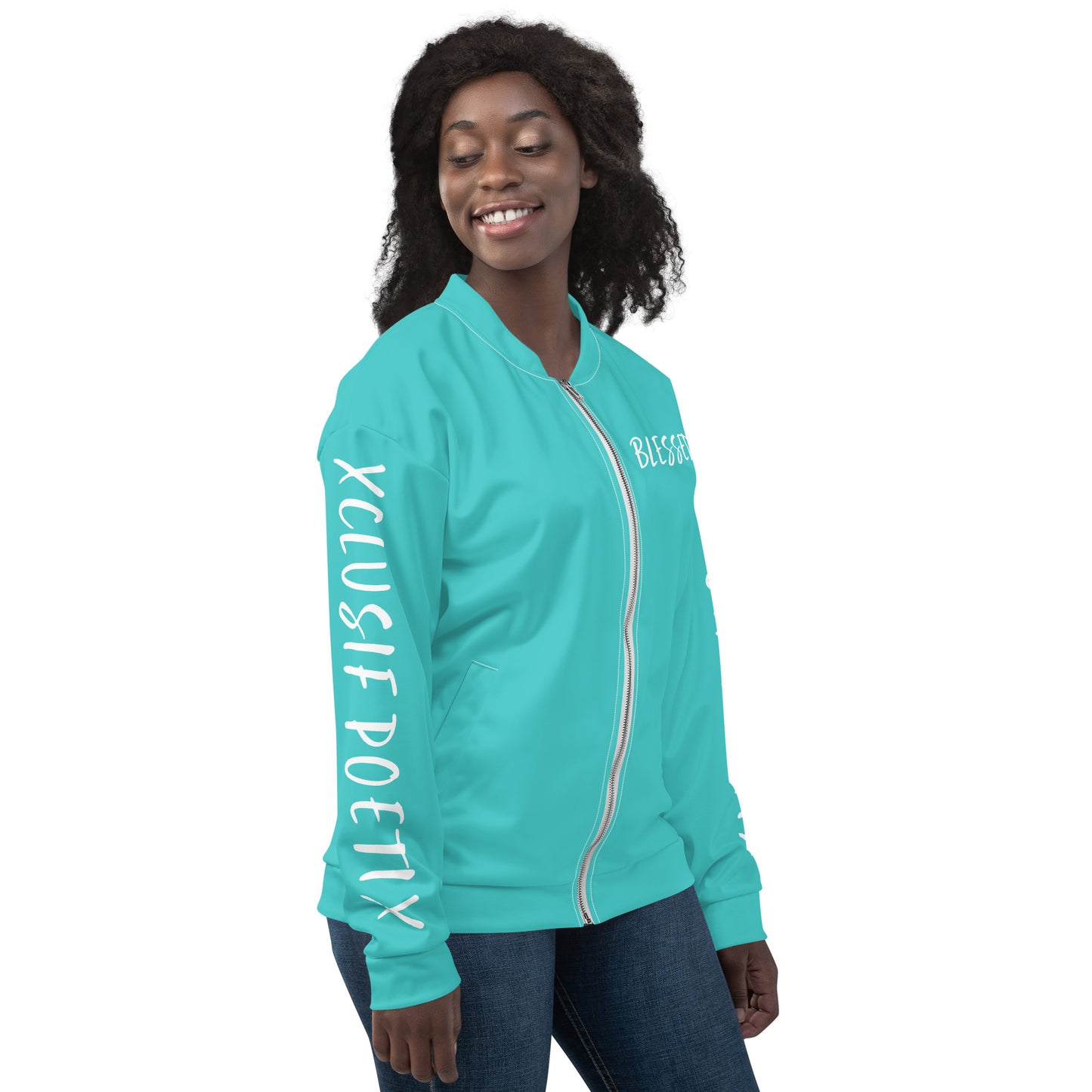 BLESSED BY XCLUSIF POETIX TURQUOISE & WHITE Unisex Bomber Jacket