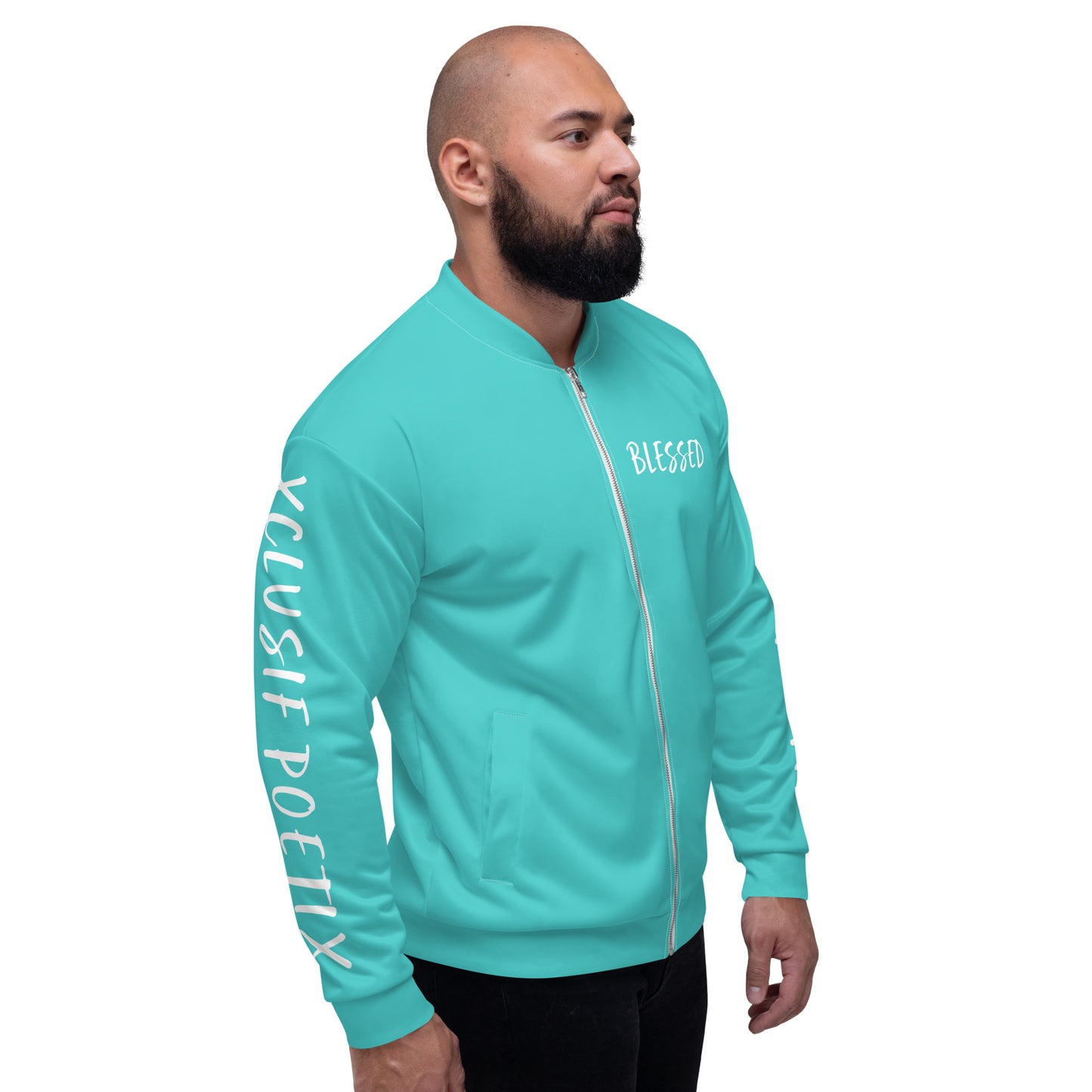 BLESSED BY XCLUSIF POETIX TURQUOISE & WHITE Unisex Bomber Jacket