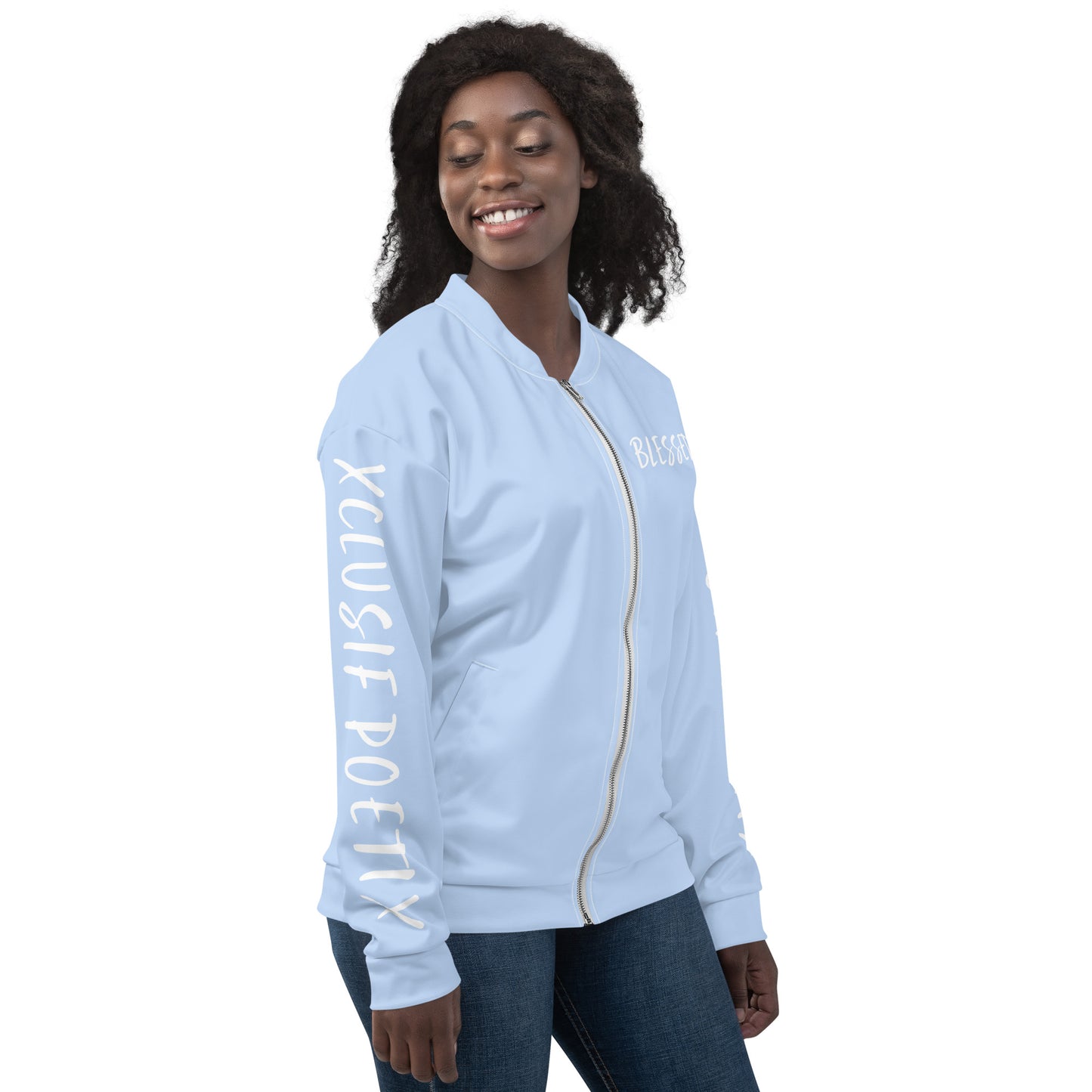 BLESSED BY XCLUSIF POETIX LIGHT BLUE & WHITE Unisex Bomber Jacket