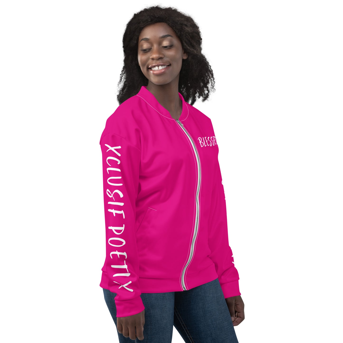 BLESSED BY XCLUSIF POETIX HOT PINK & WHITE Unisex Bomber Jacket