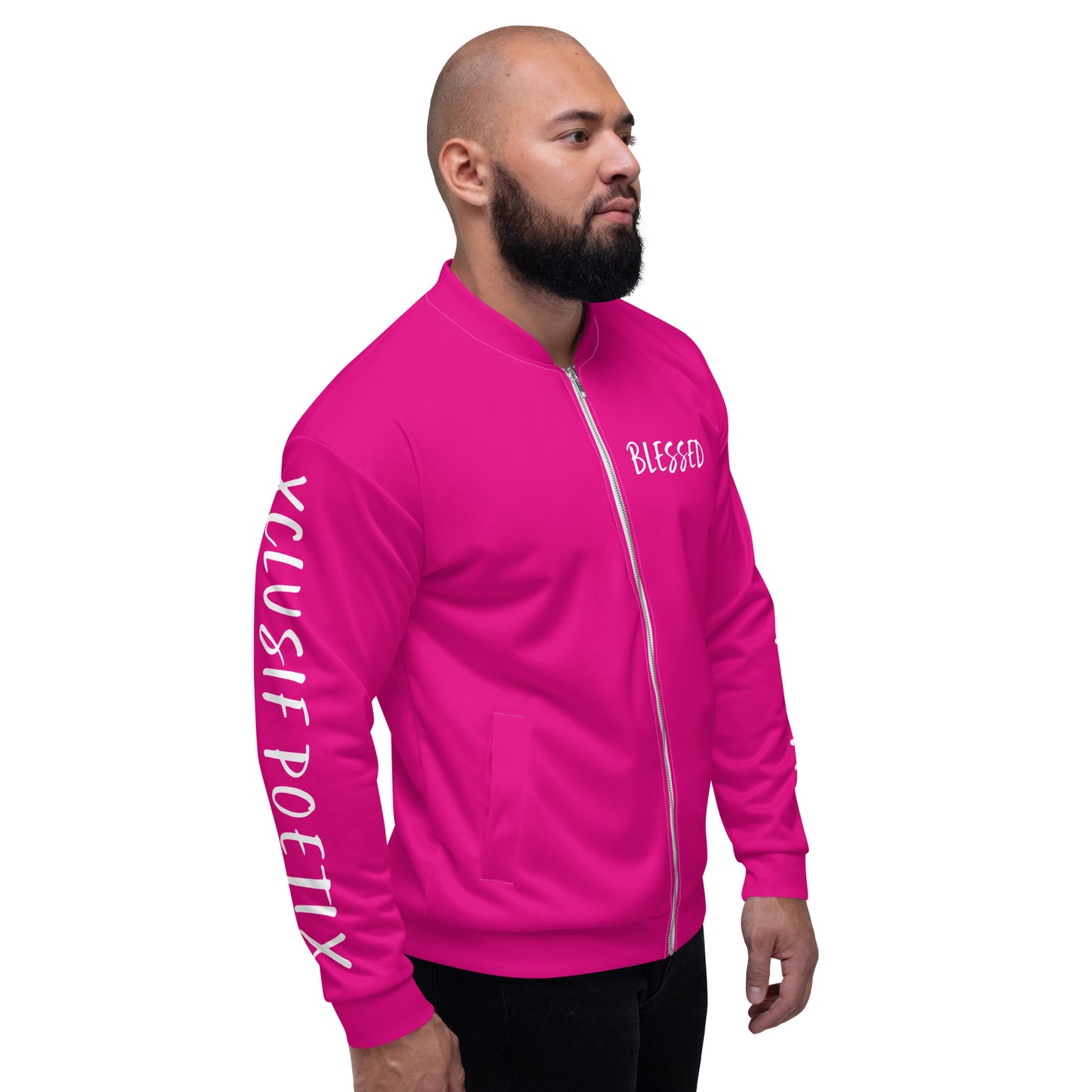 BLESSED BY XCLUSIF POETIX HOT PINK & WHITE Unisex Bomber Jacket