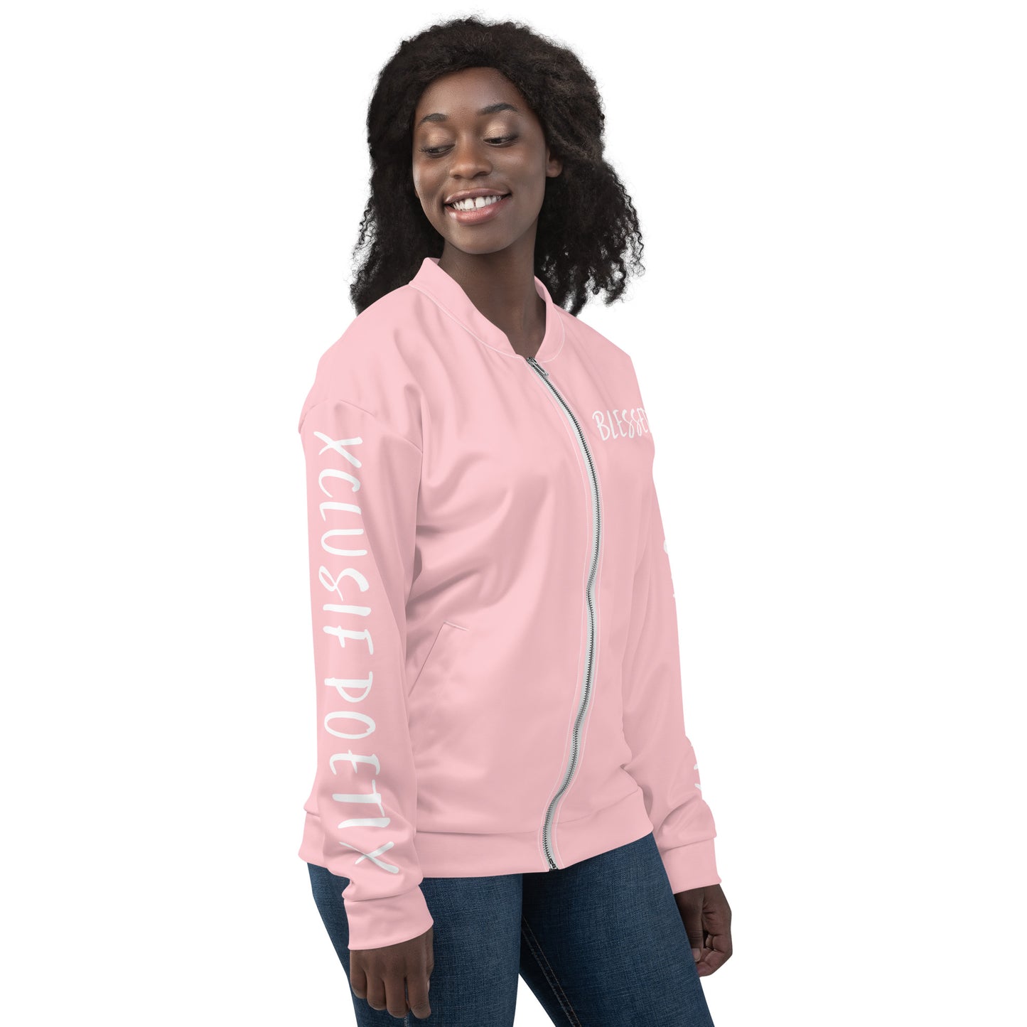 BLESSED BY XCLUSIF POETIX PINK & WHITE Unisex Bomber Jacket