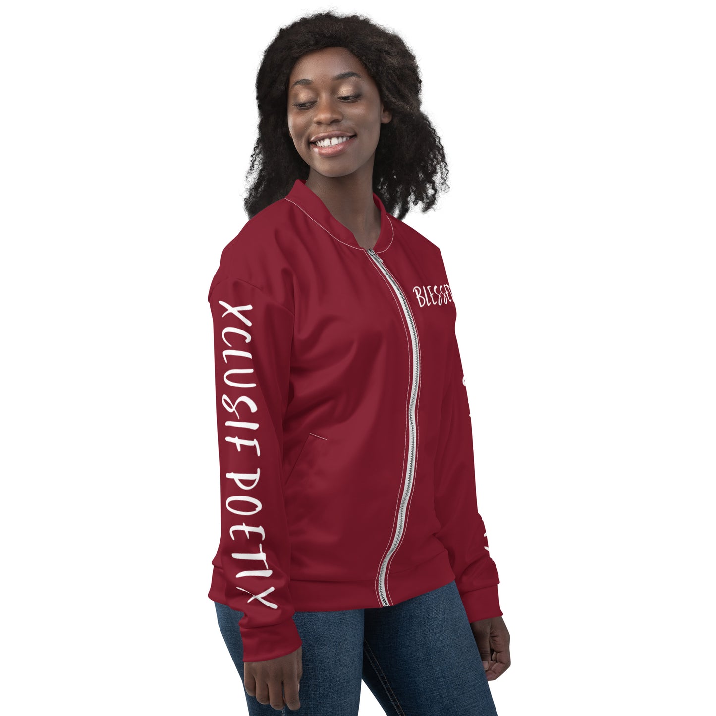 BLESSED BY XCLUSIF POETIX BURGUNDY & WHITE Unisex Bomber Jacket