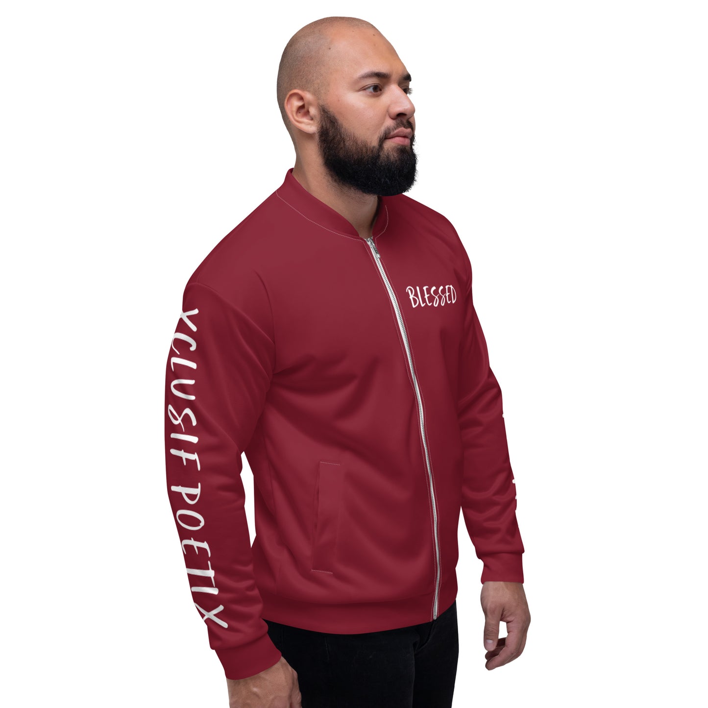 BLESSED BY XCLUSIF POETIX BURGUNDY & WHITE Unisex Bomber Jacket