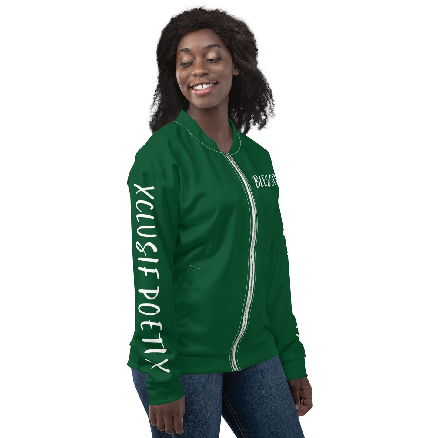 BLESSED BY XCLUSIF POETIX FOREST GREEN & WHITE Unisex Bomber Jacket