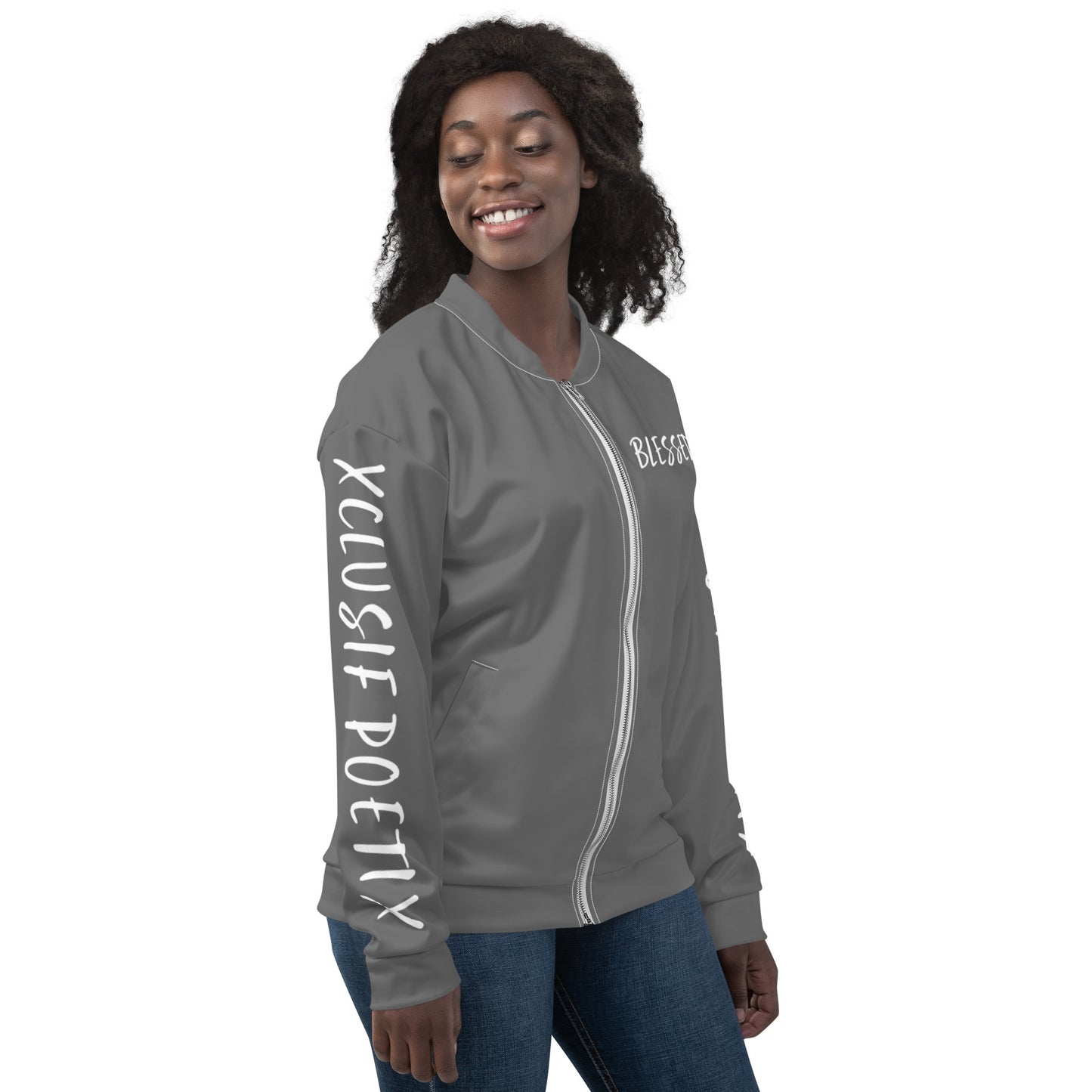 BLESSED BY XCLUSIF POETIX GREY & WHITE Unisex Bomber Jacket