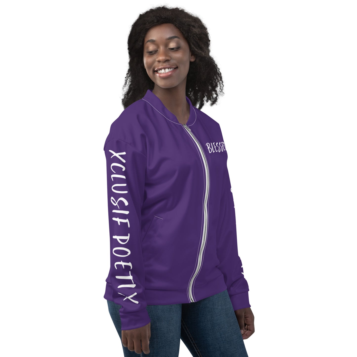 BLESSED BY XCLUSIF POETIX PURPLE & WHITE Unisex Bomber Jacket