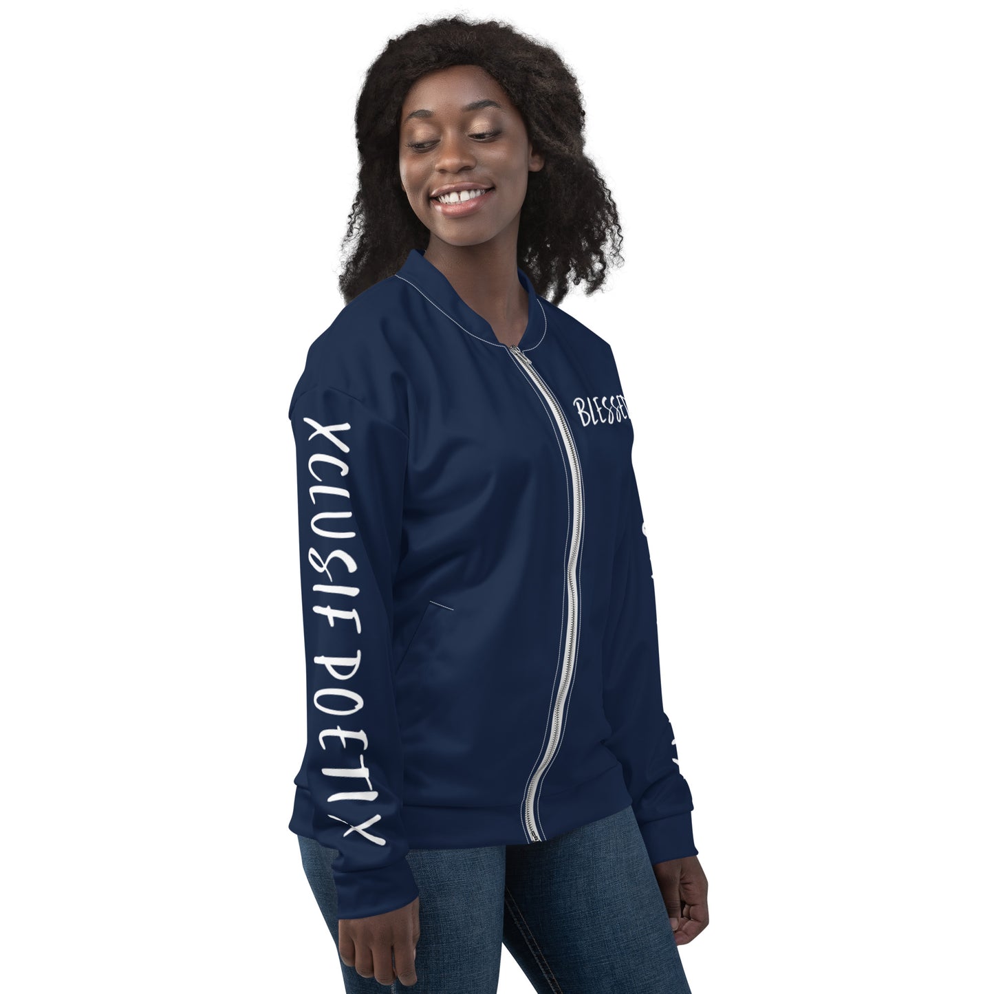 BLESSED BY XCLUSIF POETIX NAVY & WHITE Unisex Bomber Jacket