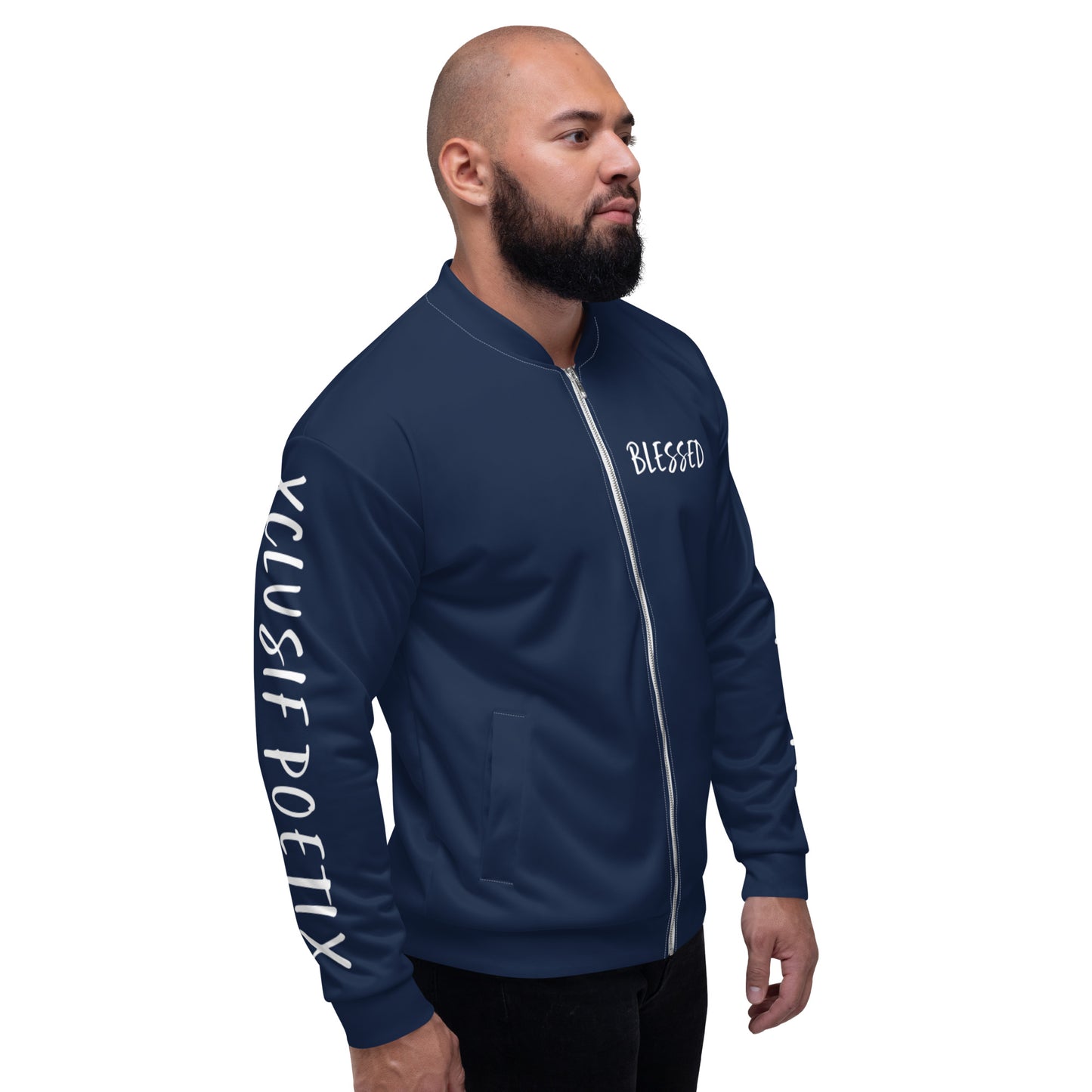 BLESSED BY XCLUSIF POETIX NAVY & WHITE Unisex Bomber Jacket