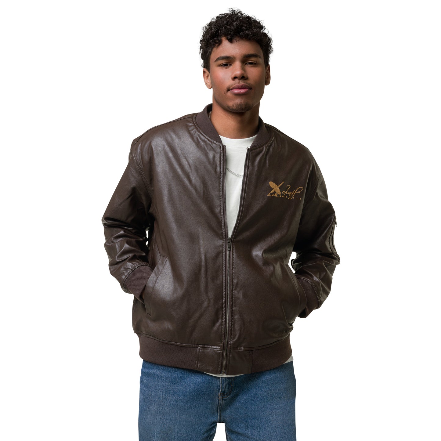 XCLUSIF POETIX BROWN & GOLD LOGO Leather Bomber Jacket